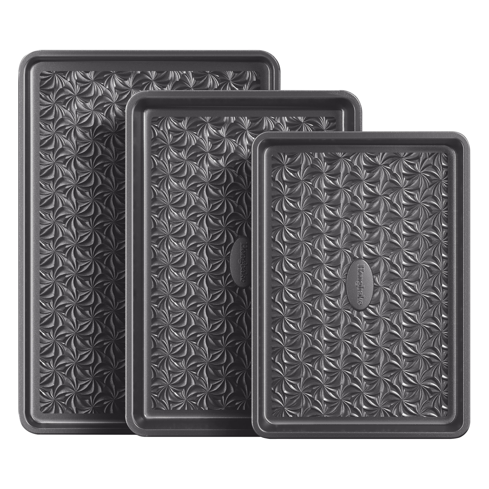 Floral swirl texture baking sheet set with three rimmed pans designed for even heating and easy release