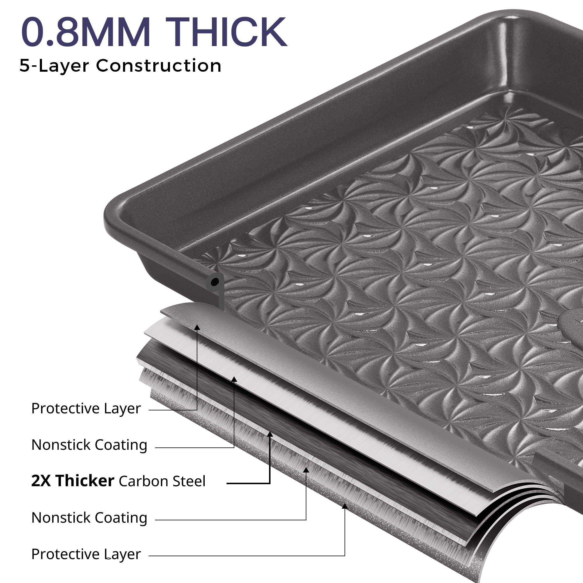 Floral swirl texture baking sheet set with three rimmed pans designed for even heating and easy release