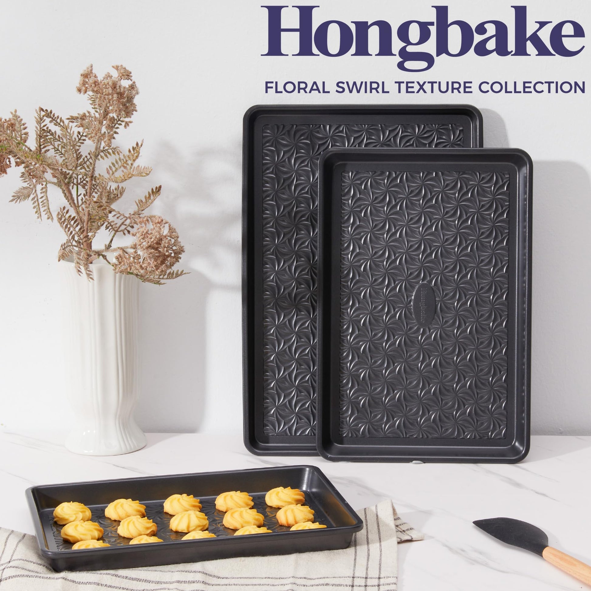 Floral swirl texture baking sheet set with three rimmed pans designed for even heating and easy release