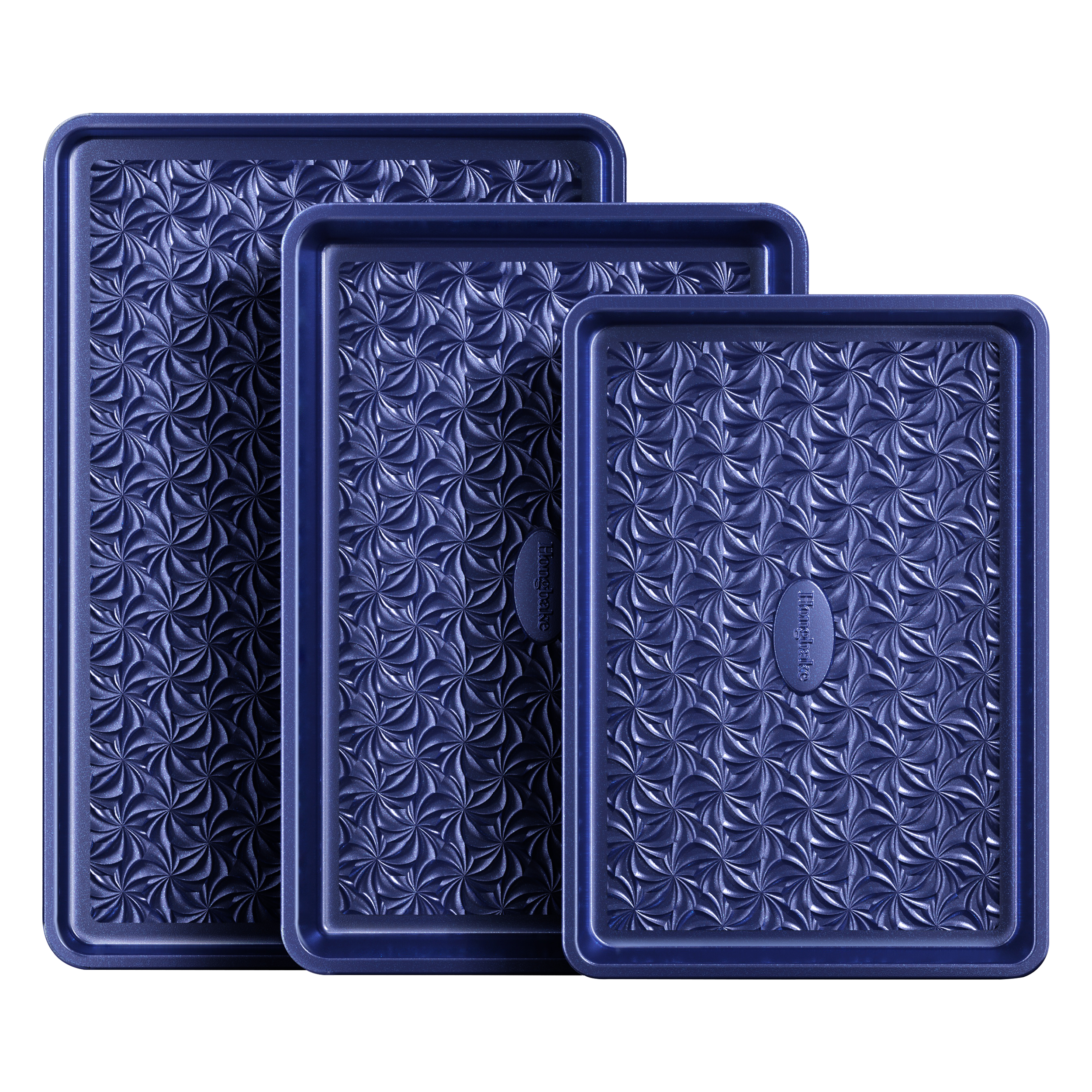 Floral swirl texture baking sheet set with three rimmed pans designed for even heating and easy release