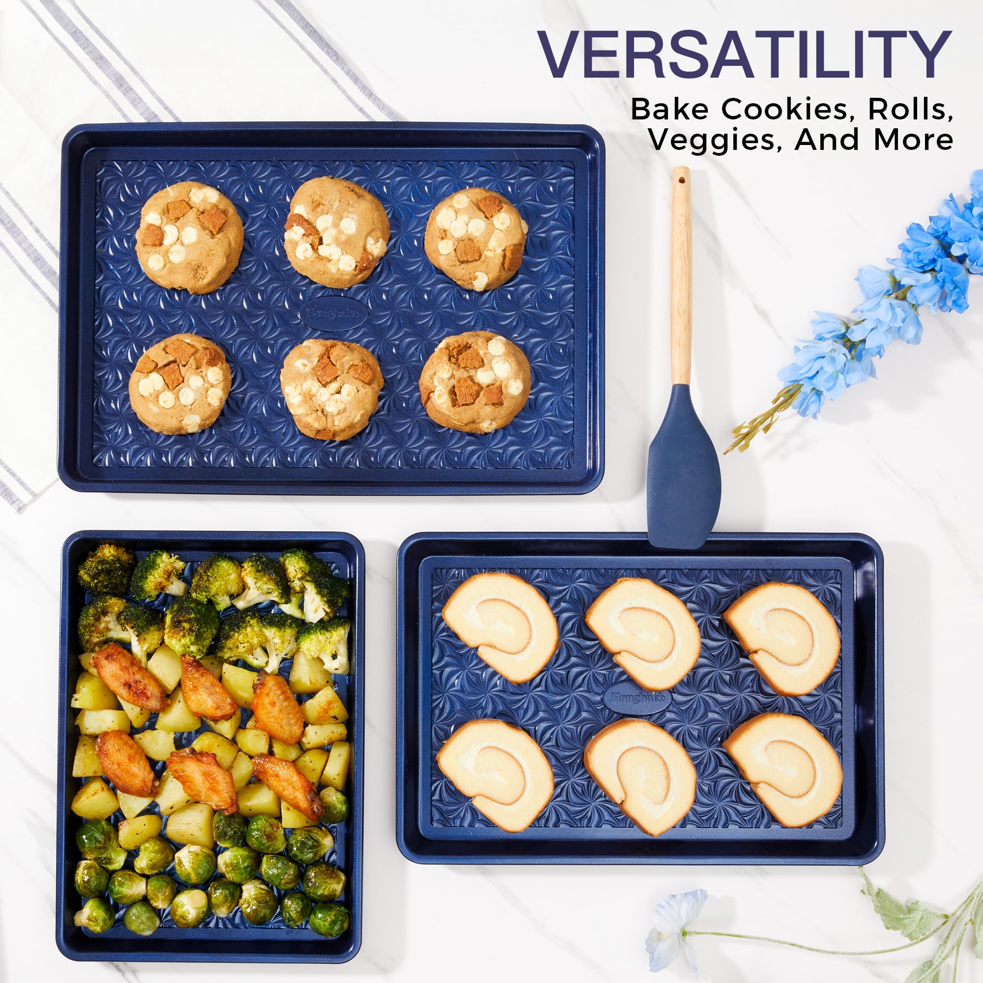 Floral swirl texture baking sheet set with three rimmed pans designed for even heating and easy release