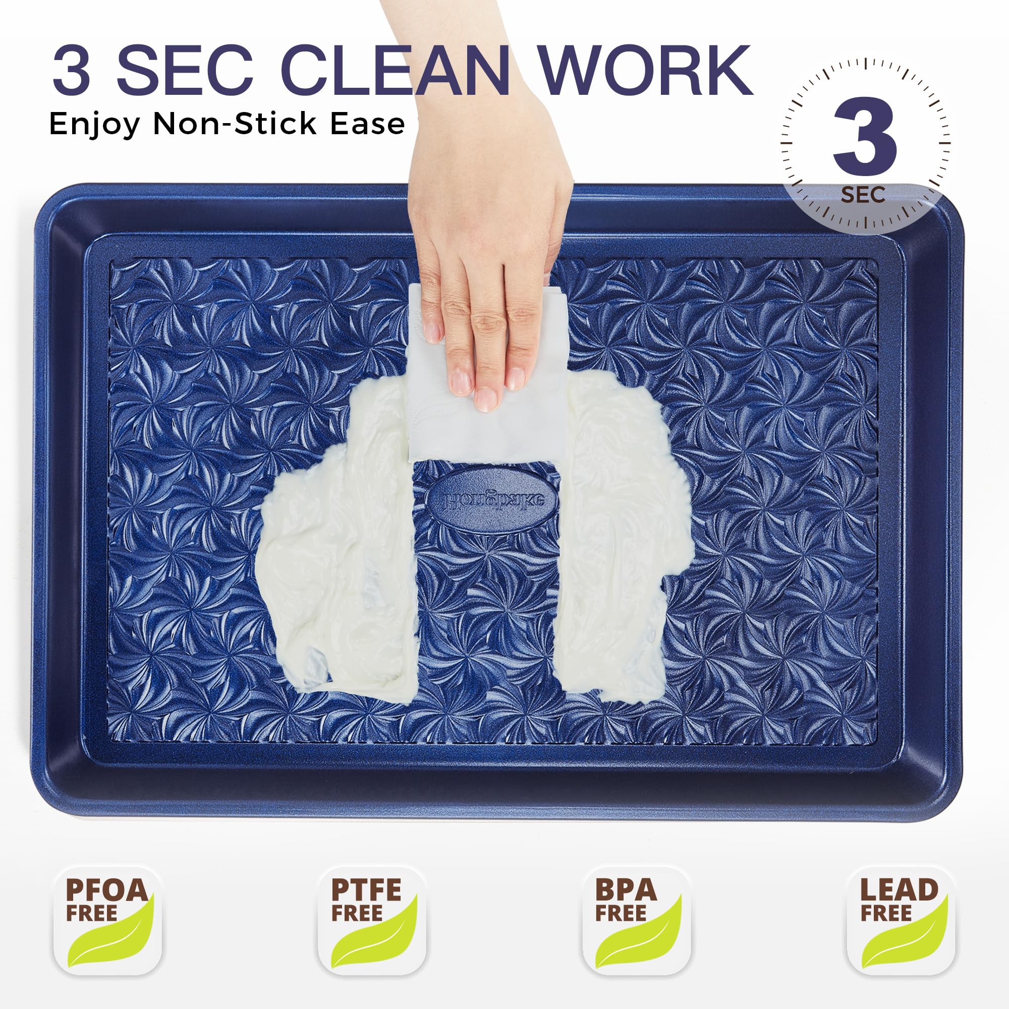 Floral swirl texture baking sheet set with three rimmed pans designed for even heating and easy release