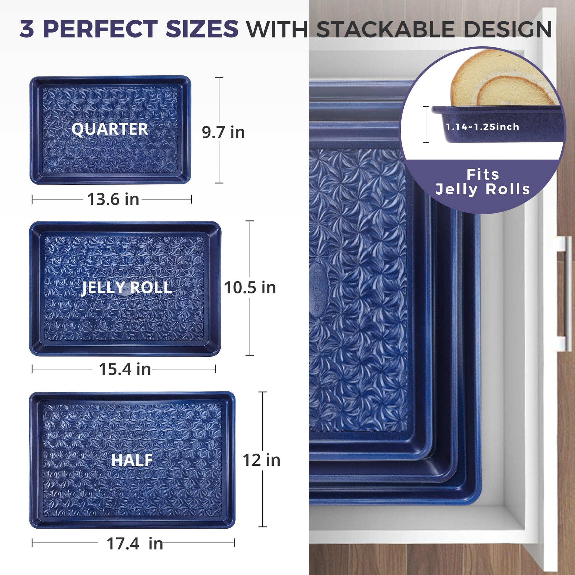 Floral swirl texture baking sheet set with three rimmed pans designed for even heating and easy release