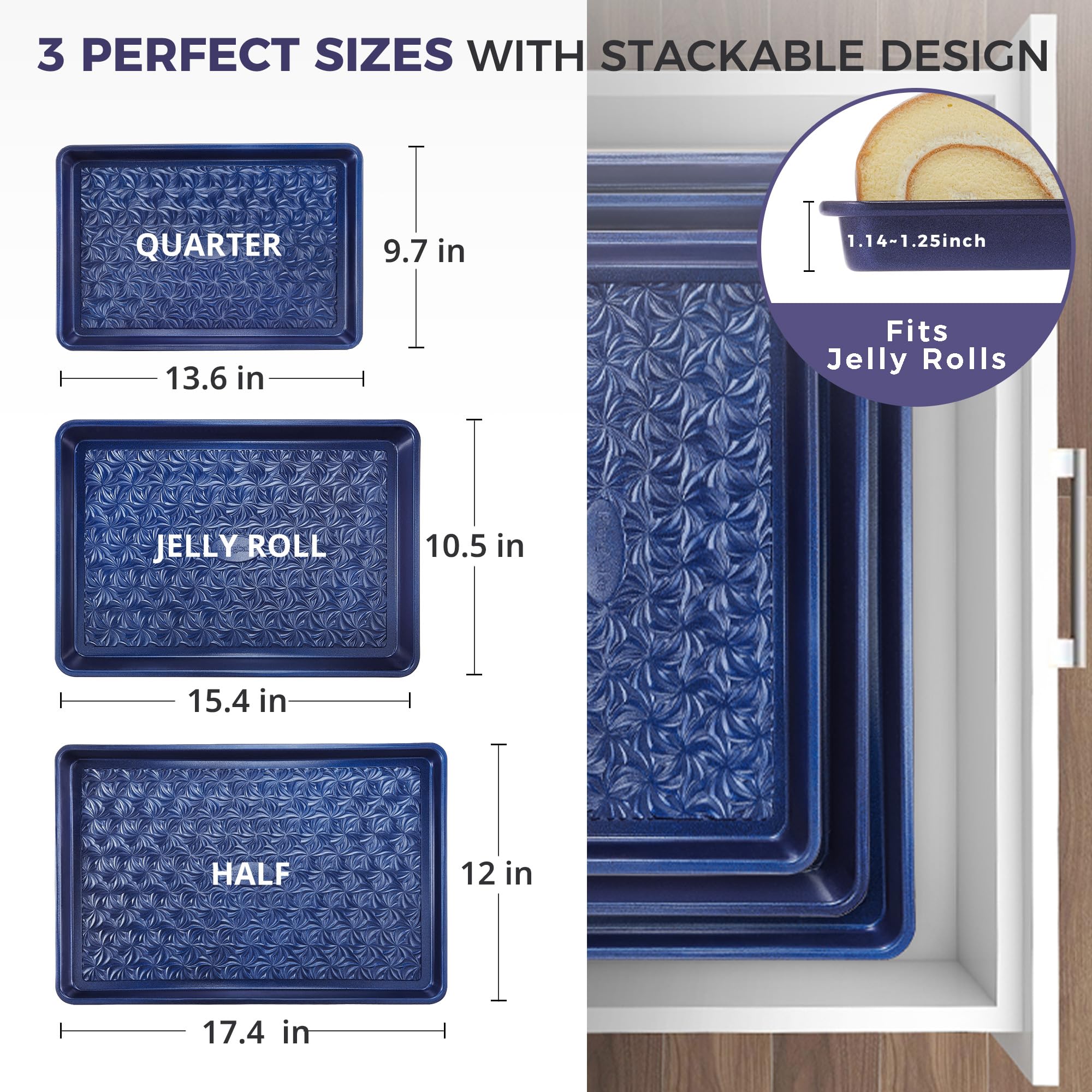 Floral swirl texture baking sheet set with three rimmed pans designed for even heating and easy release