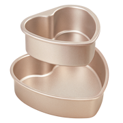 Heart-shaped nonstick cake pan set with two stackable sizes for layered cakes and desserts, rose gold