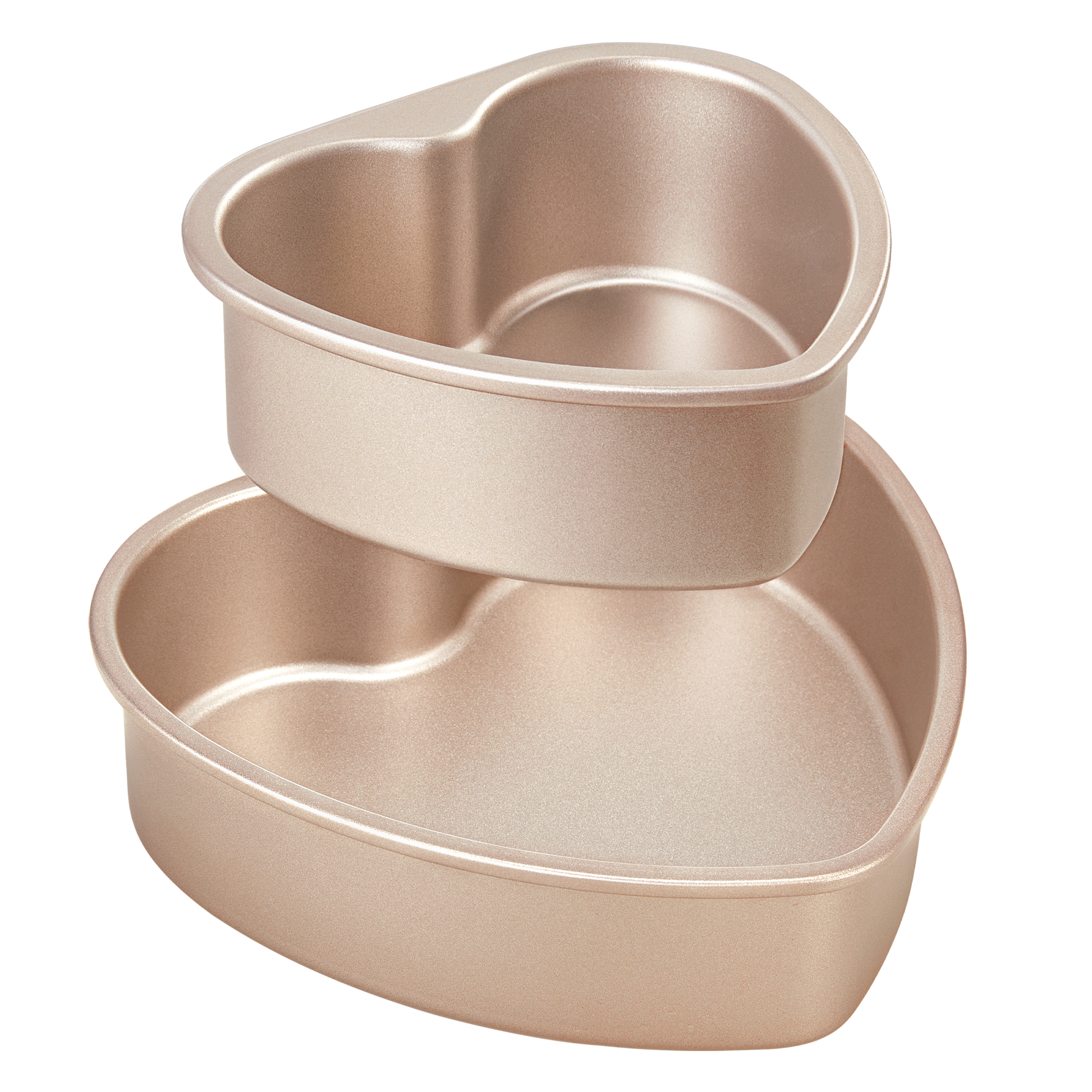 Heart-shaped nonstick cake pan set with two stackable sizes for layered cakes and desserts, rose gold