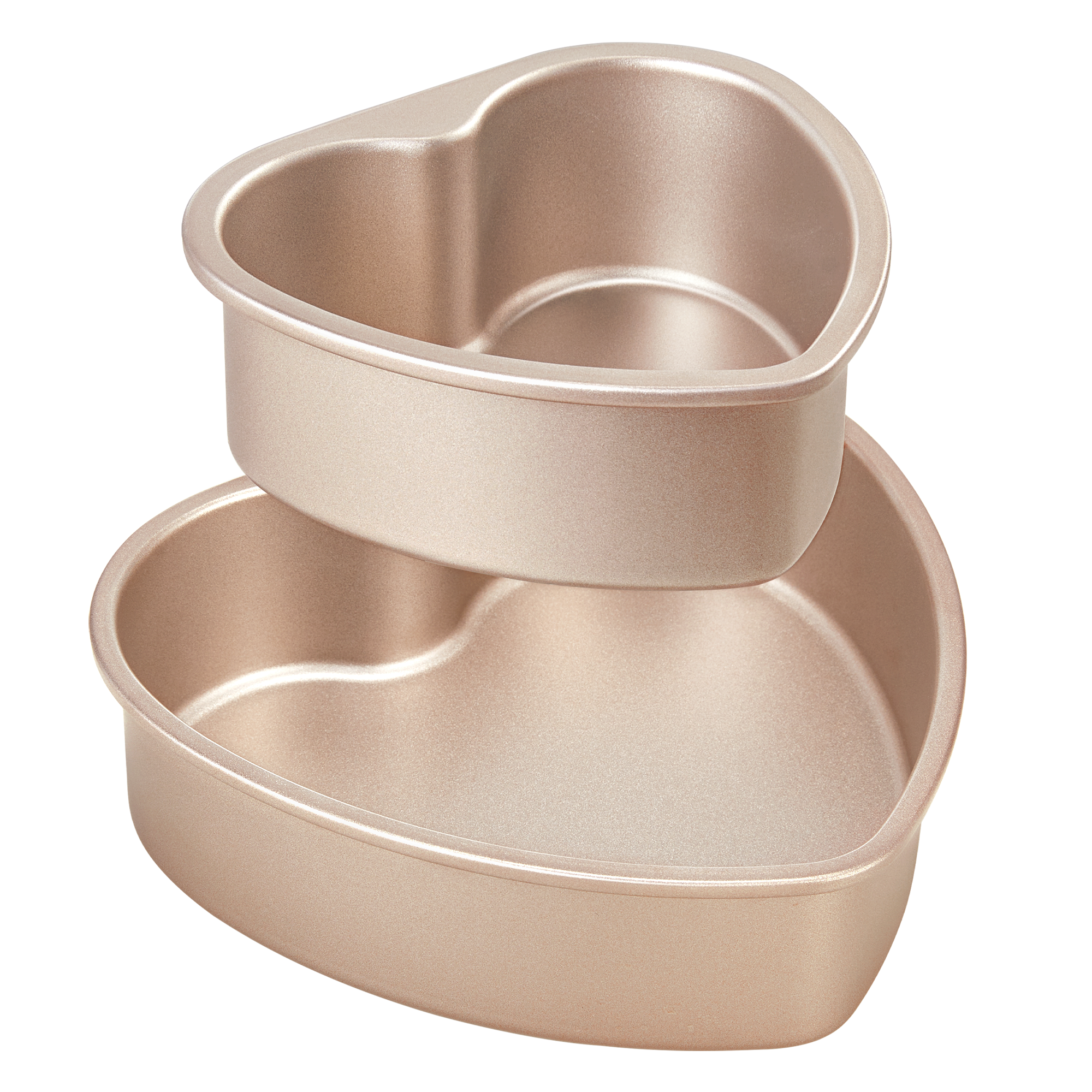 Heart-shaped nonstick cake pan set with two stackable sizes for layered cakes and desserts, rose gold