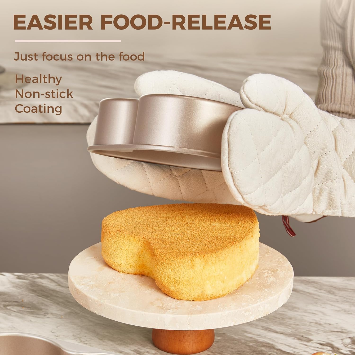 Heart-shaped nonstick cake pan set with two stackable sizes for layered cakes and desserts, rose gold