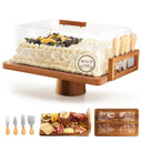 2-in-1 Acacia Wood Cake Stand with Lid & Cheese Knife Set