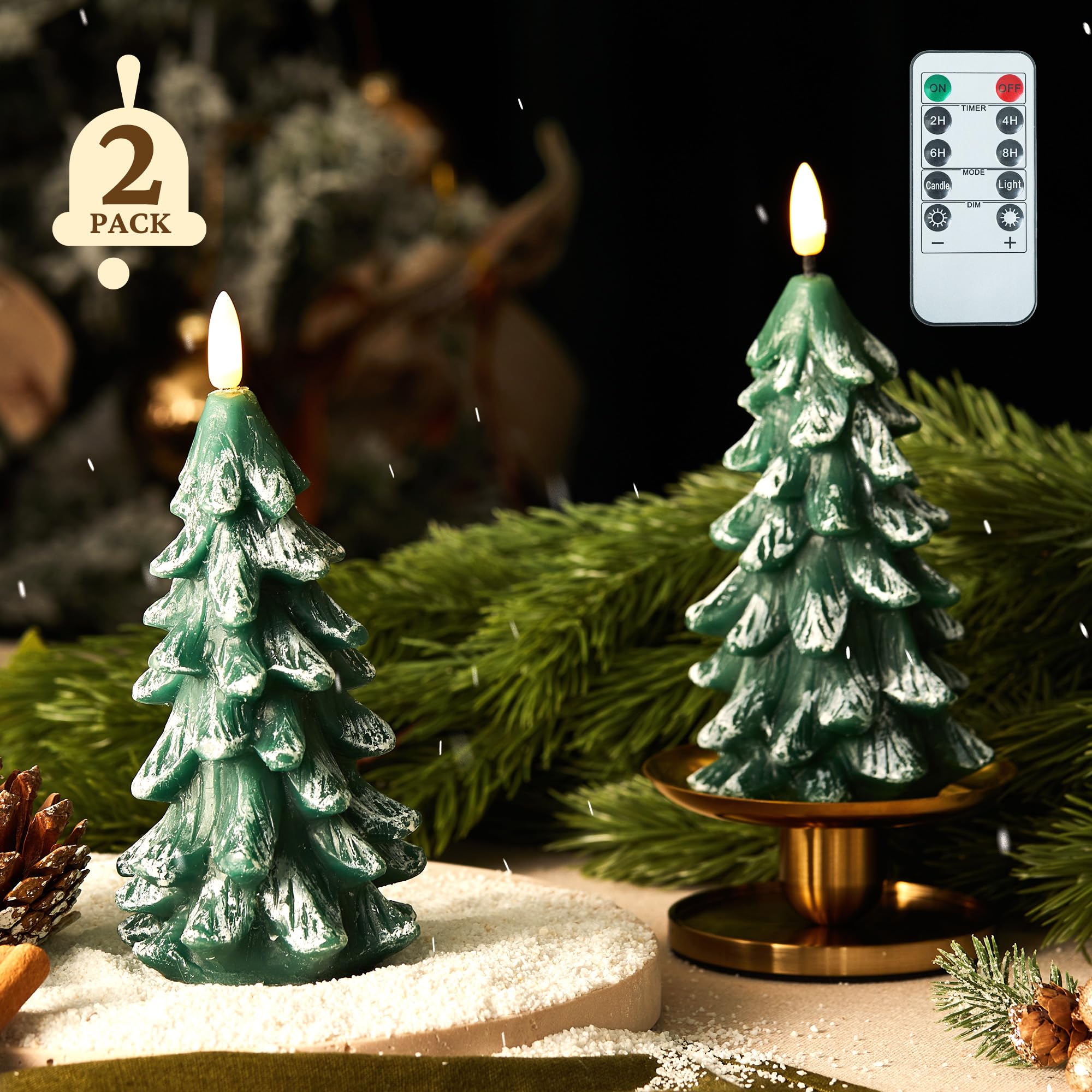 Christmas Tree Flameless Candles with Remote Timer, 7.3" x 3.5" (2-Pack)