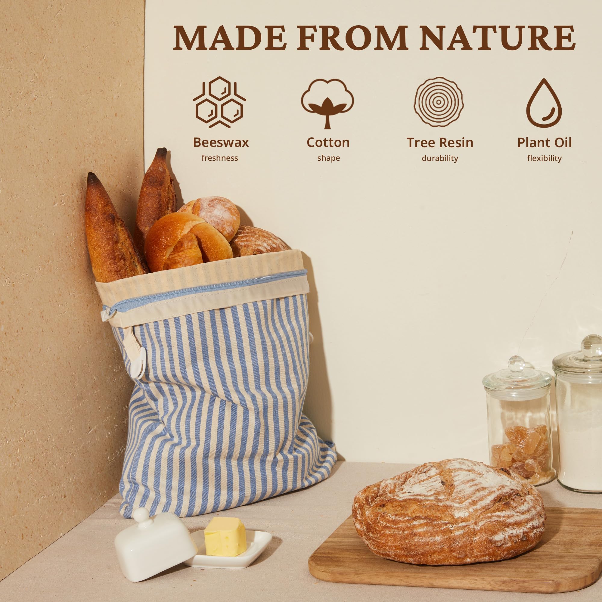 Organic Cotton & Beeswax Bread Bag with Zipper (2-Pack)