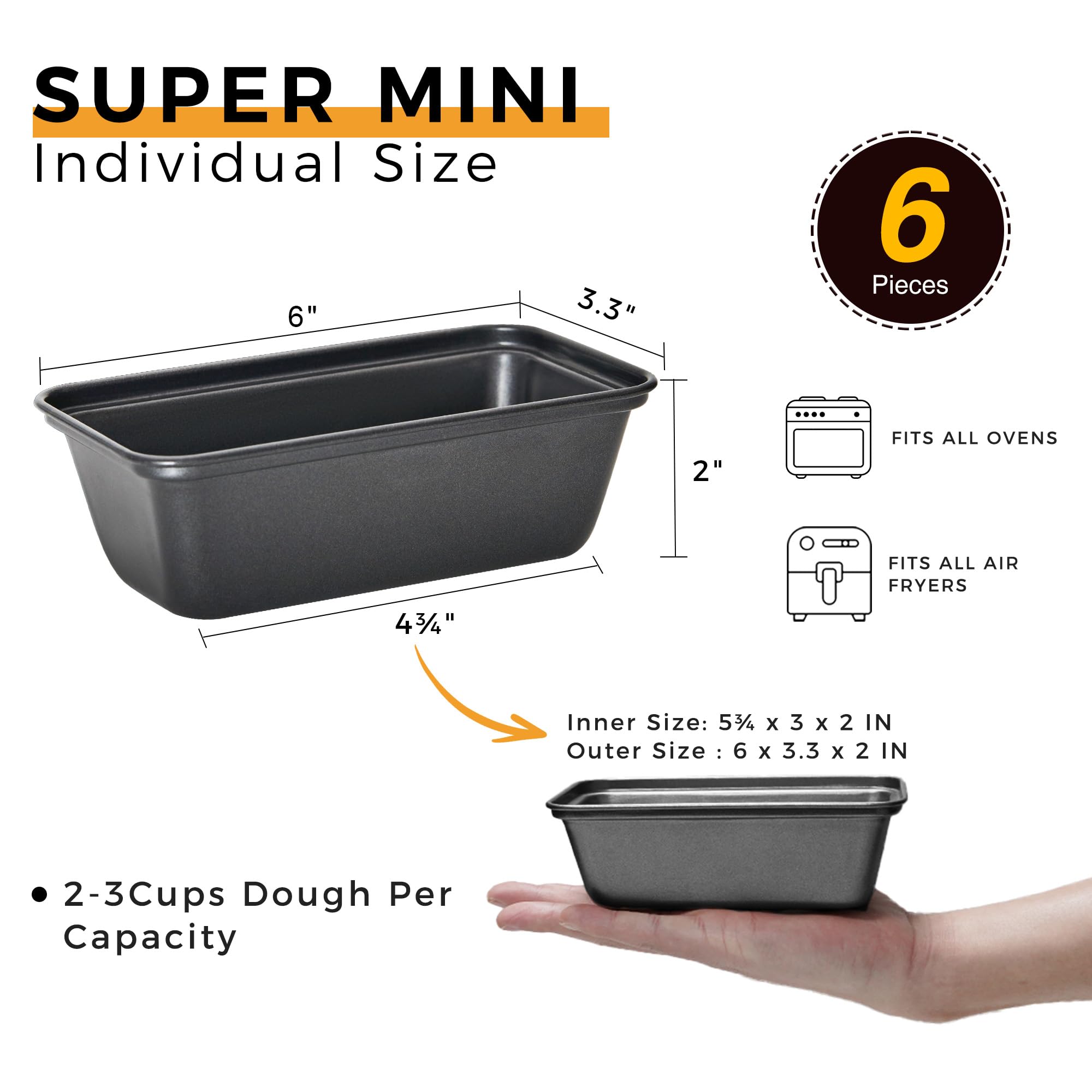 Nonstick Mini Loaf Pan, 6×3.3×2 (6-Pack)