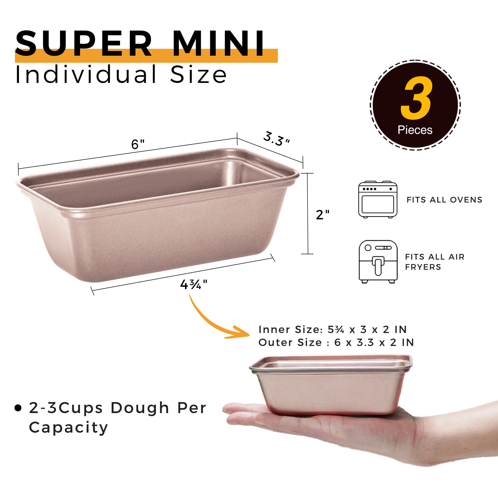 Nonstick Mini Loaf Pan, 6×3.3×2 (3-Pack)