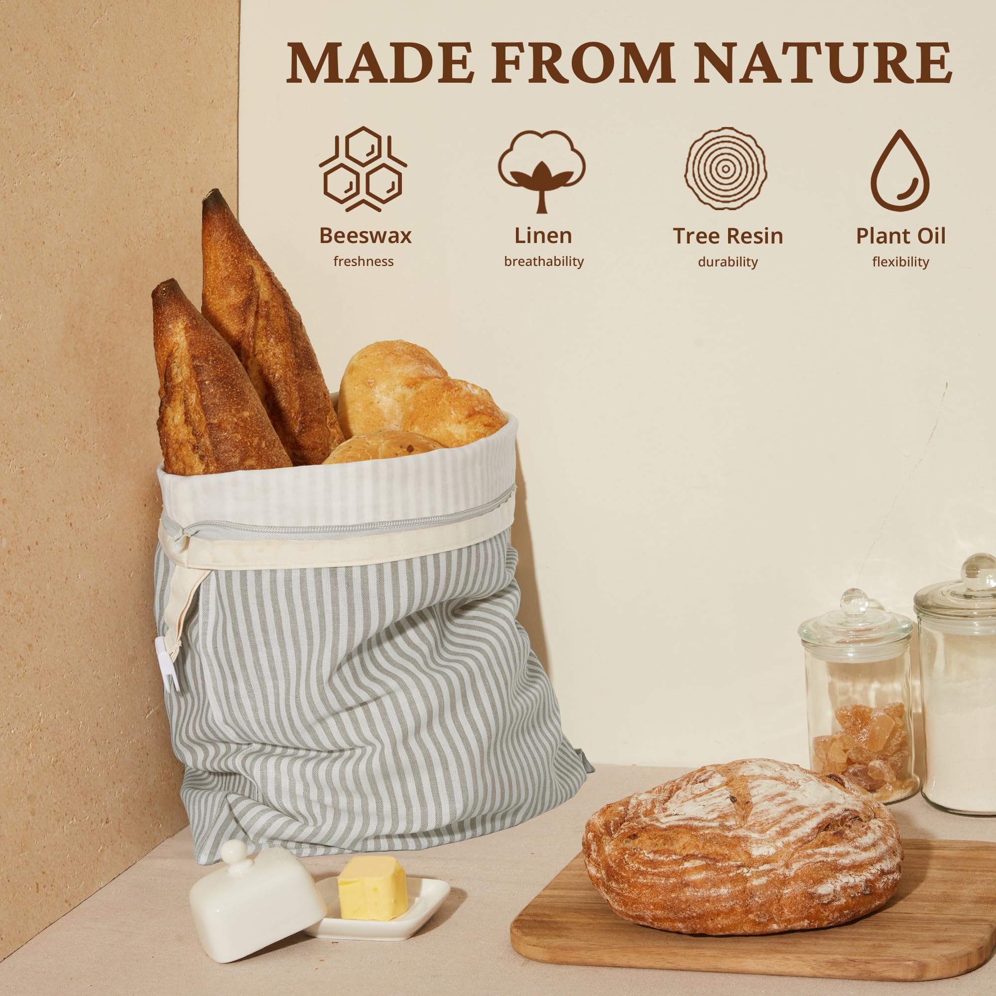 Organic Linen & Beeswax Bread Bag with Zipper (2-Pack)