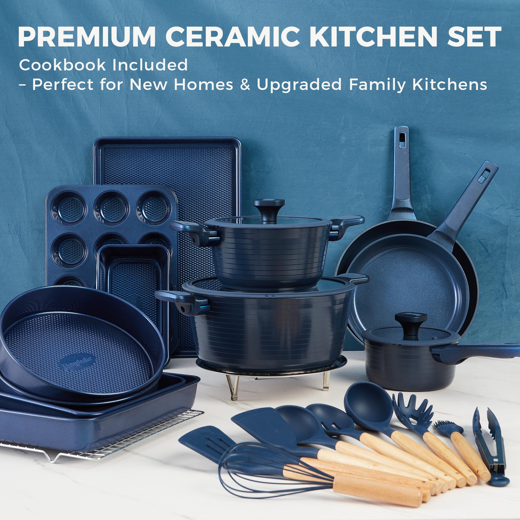 26-Piece Ceramic Nonstick Cookware + Bakeware Set with Silicone Utensils