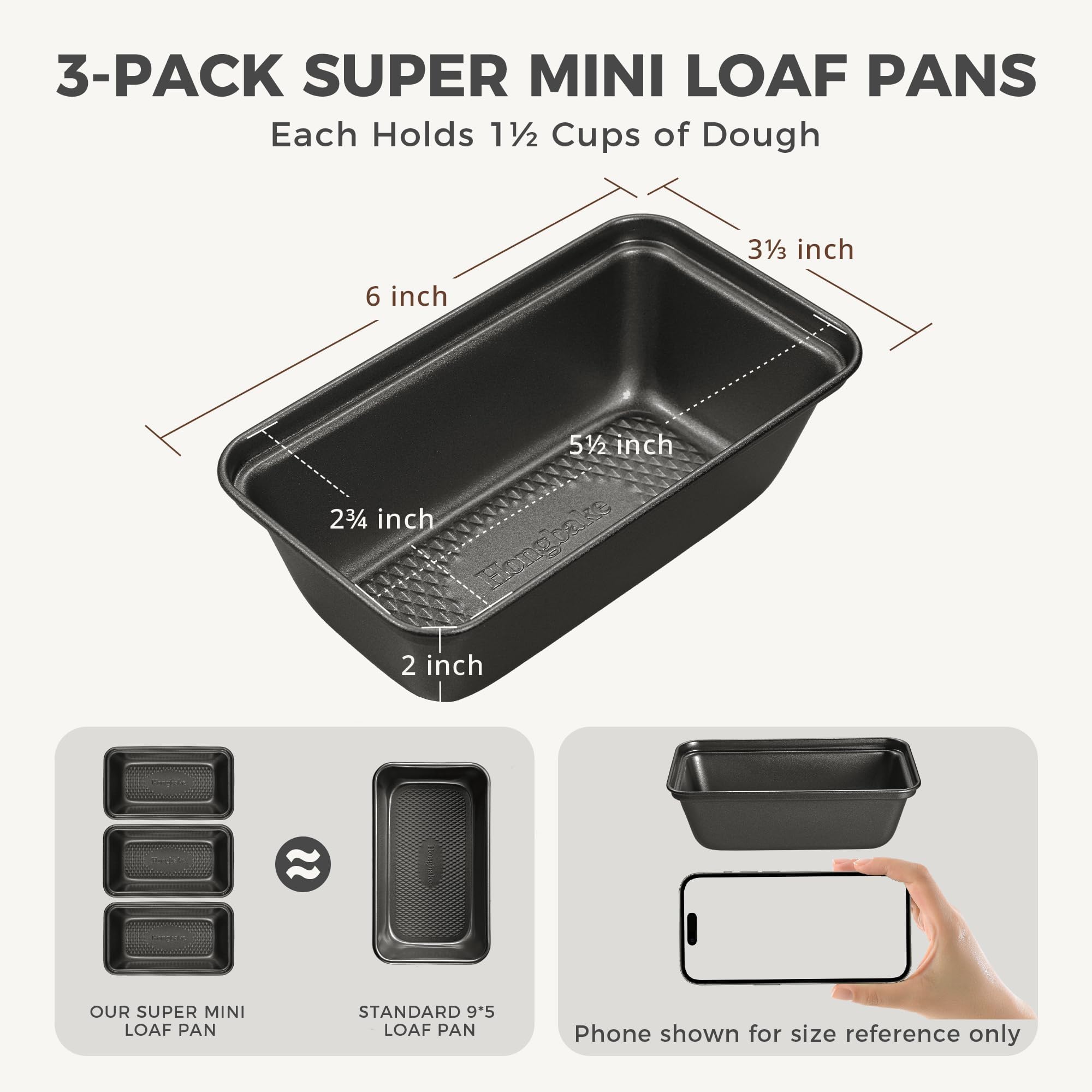 Diamond Texture Nonstick Mini Loaf Pan, 6×3.3×2 (3-Pack)