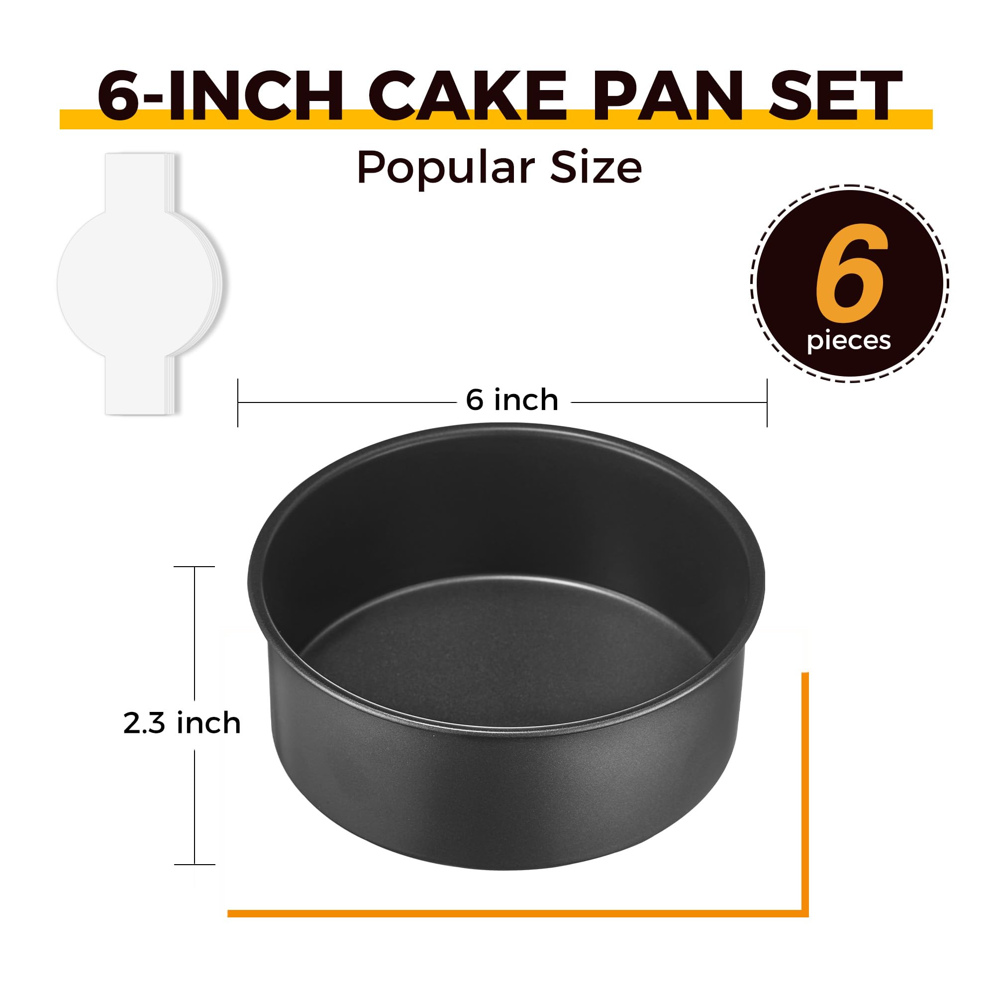 Nonstick Round Cake Pan, 6-Inch (6-Pack) with Parchment Sling (120-Pack)