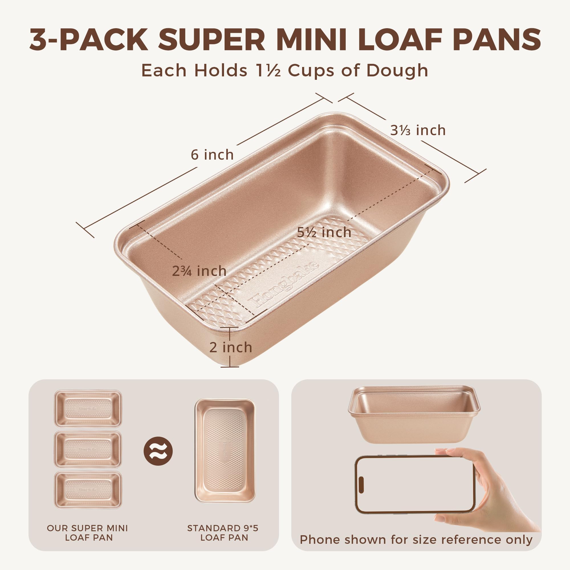 Diamond Texture Nonstick Mini Loaf Pan, 6×3.3×2 (3-Pack)