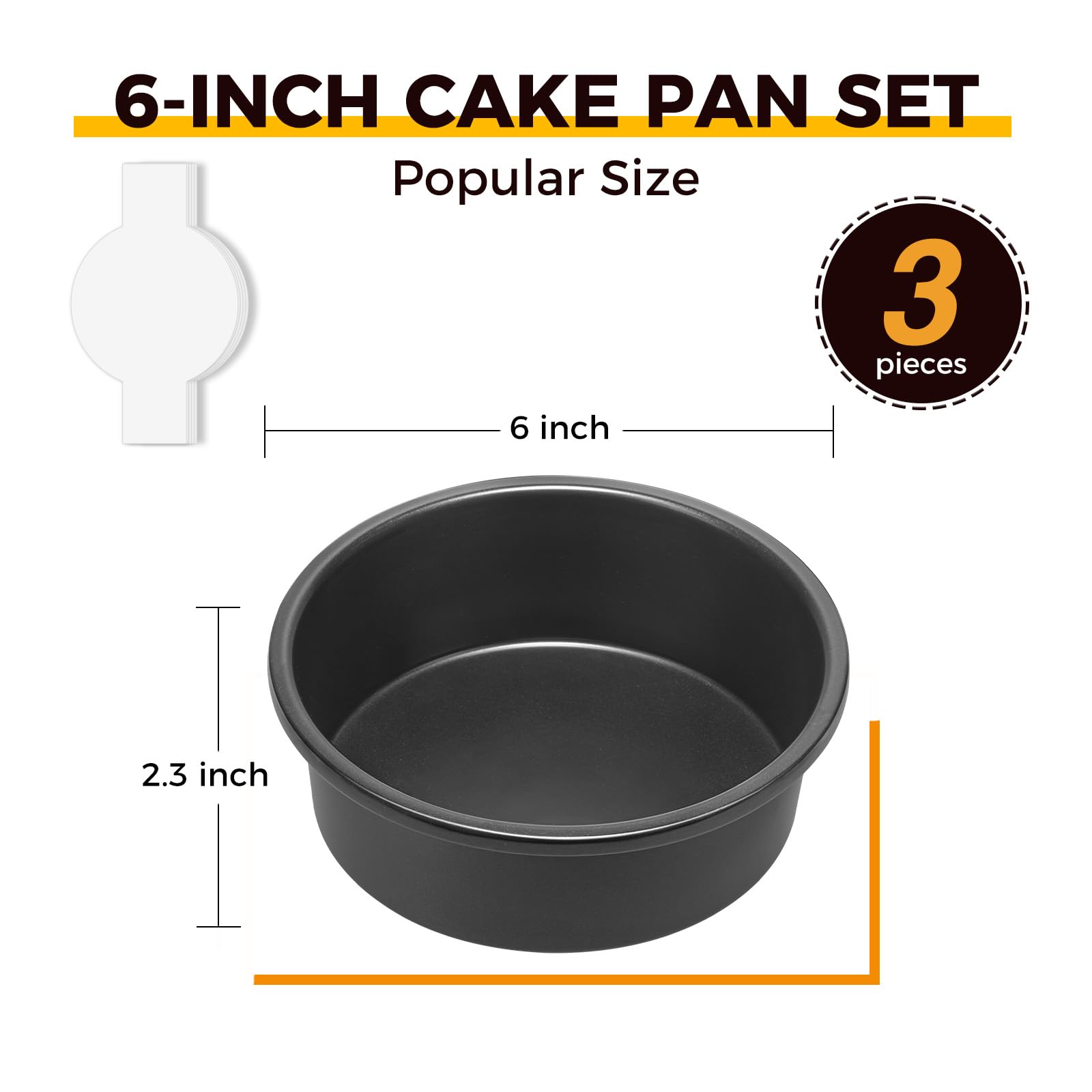 Nonstick Round Cake Pan, 6-Inch (3-Pack) with Parchment Sling (30-Pack)