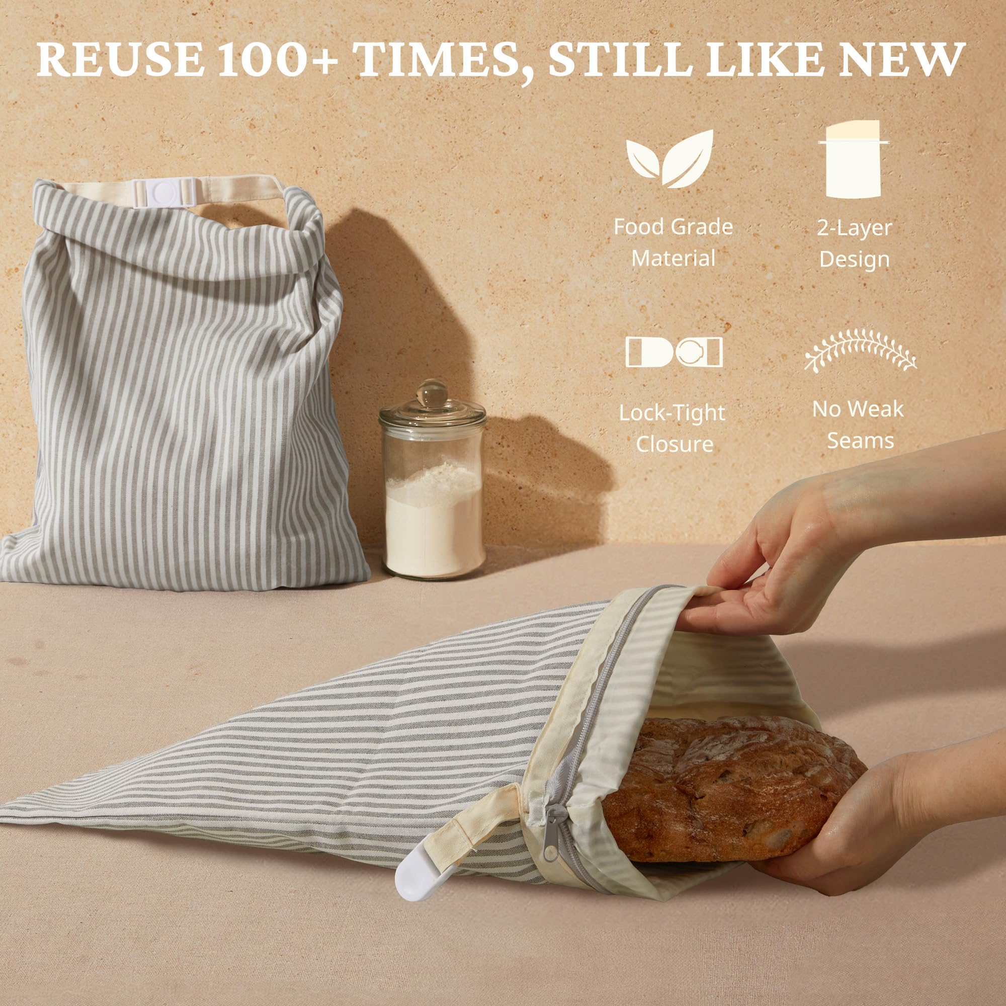 Organic Linen & Beeswax Bread Bag with Zipper (2-Pack)