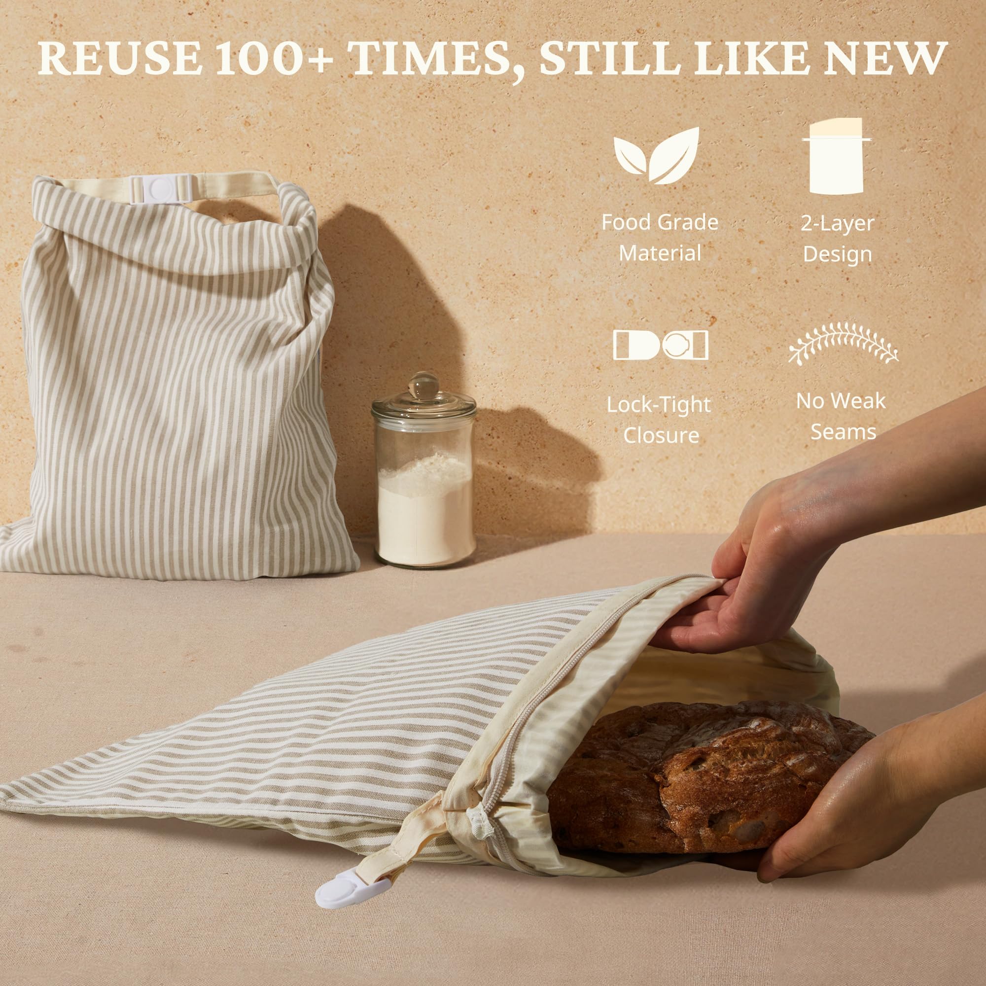 Organic Linen & Beeswax Bread Bag with Zipper (2-Pack)