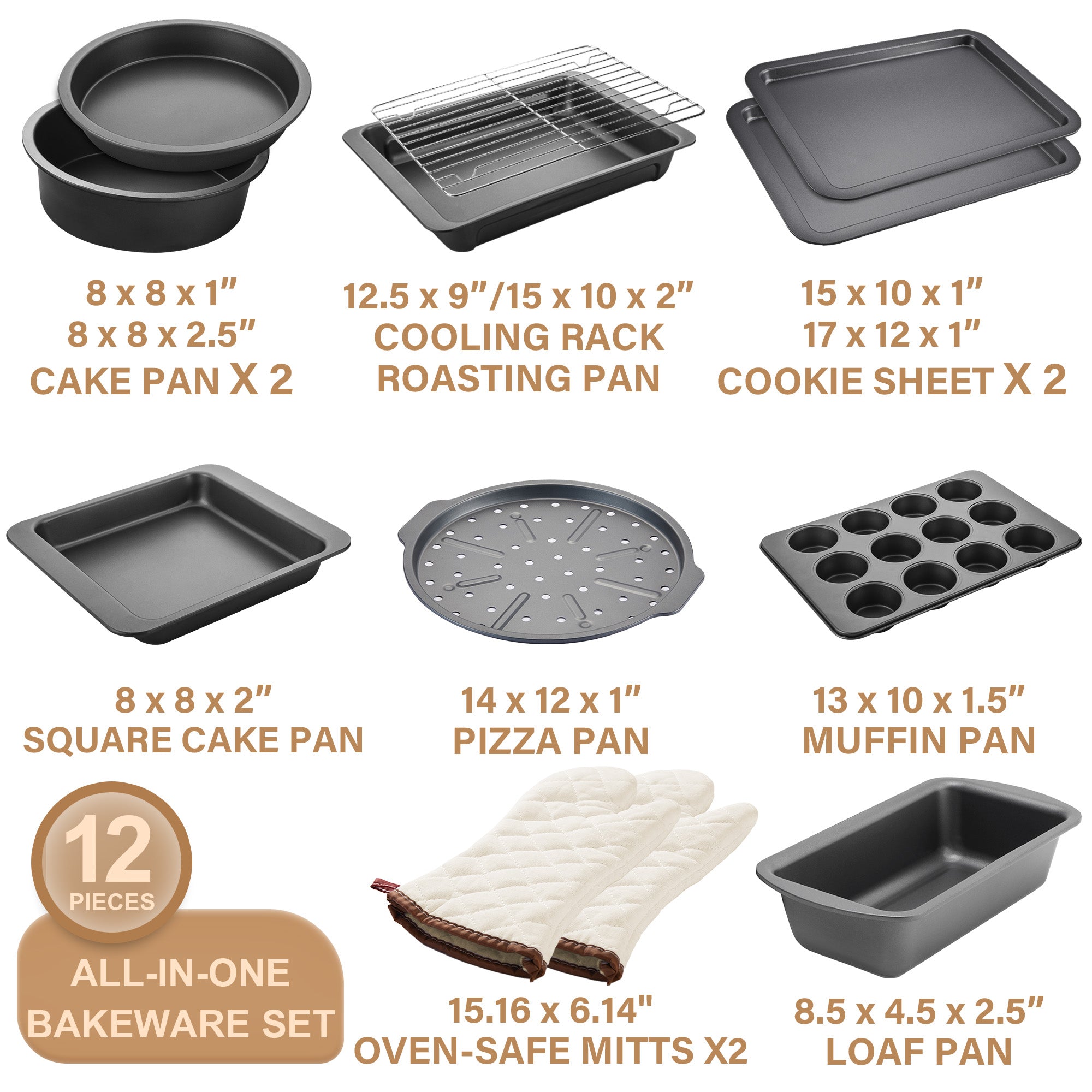 Baking Pans Set with Kitchen Oven Mitts (12-Piece)