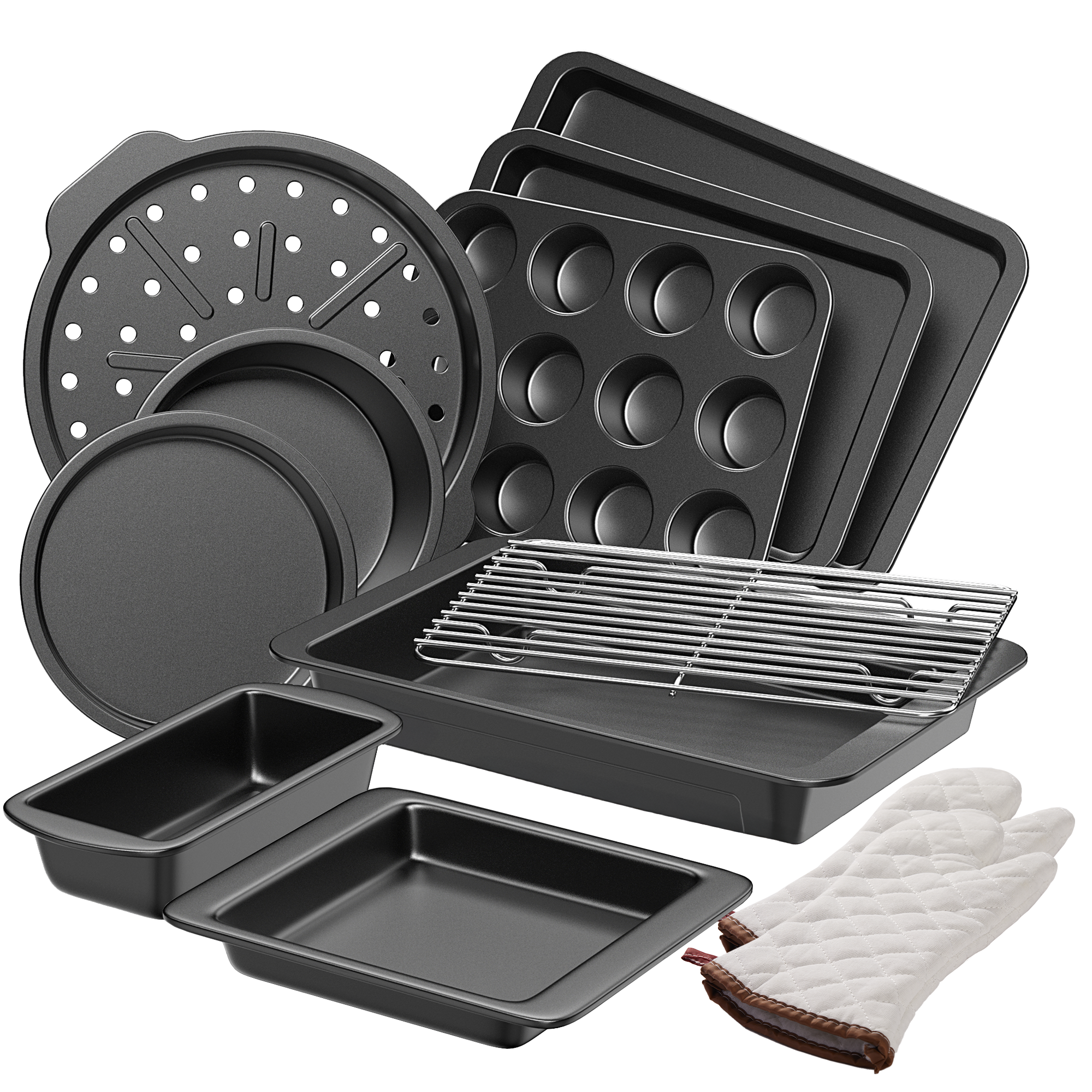 Baking Pans Set with Kitchen Oven Mitts (12-Piece)