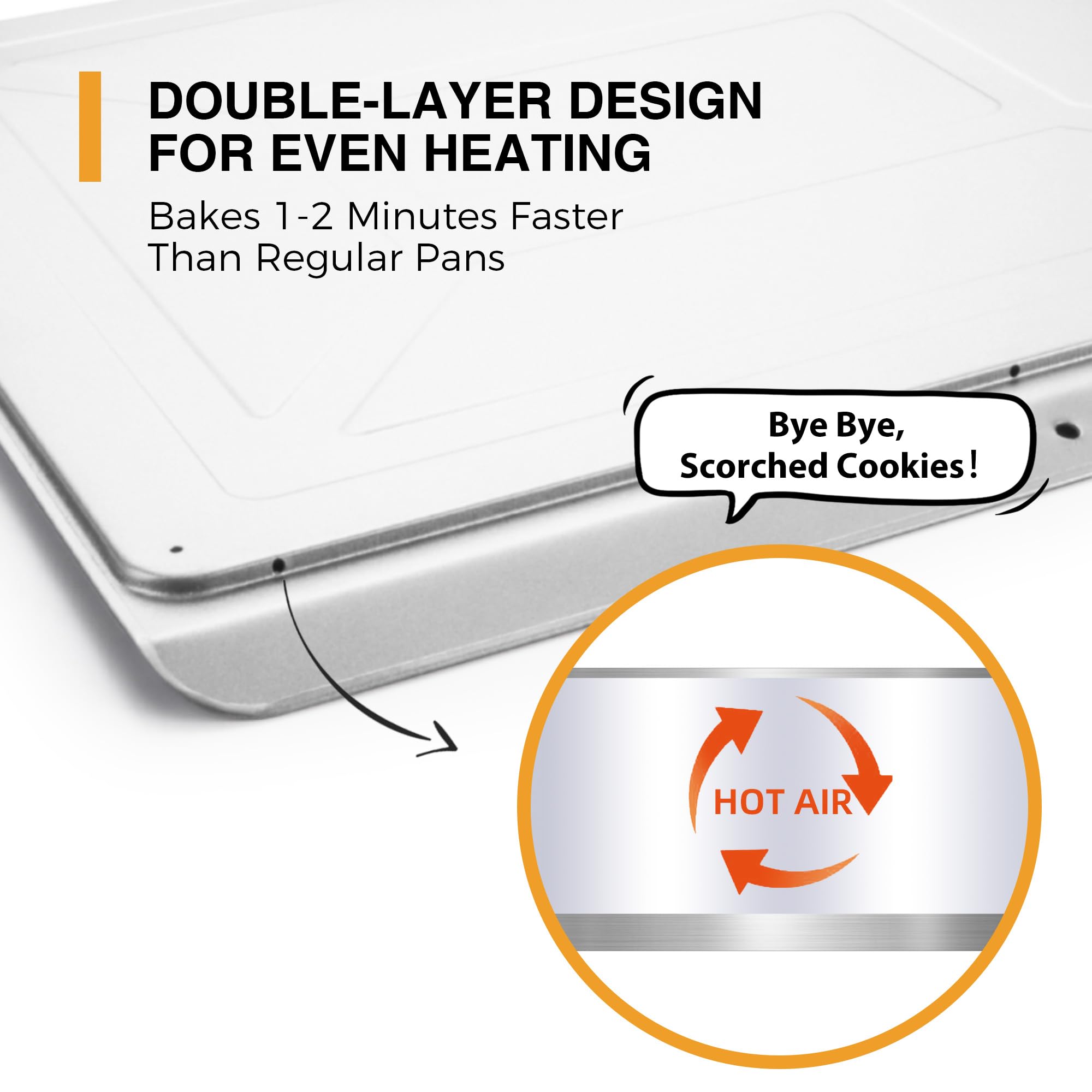 Insulated nonstick cookie sheet set with flat edge design for even baking and commercial oven use