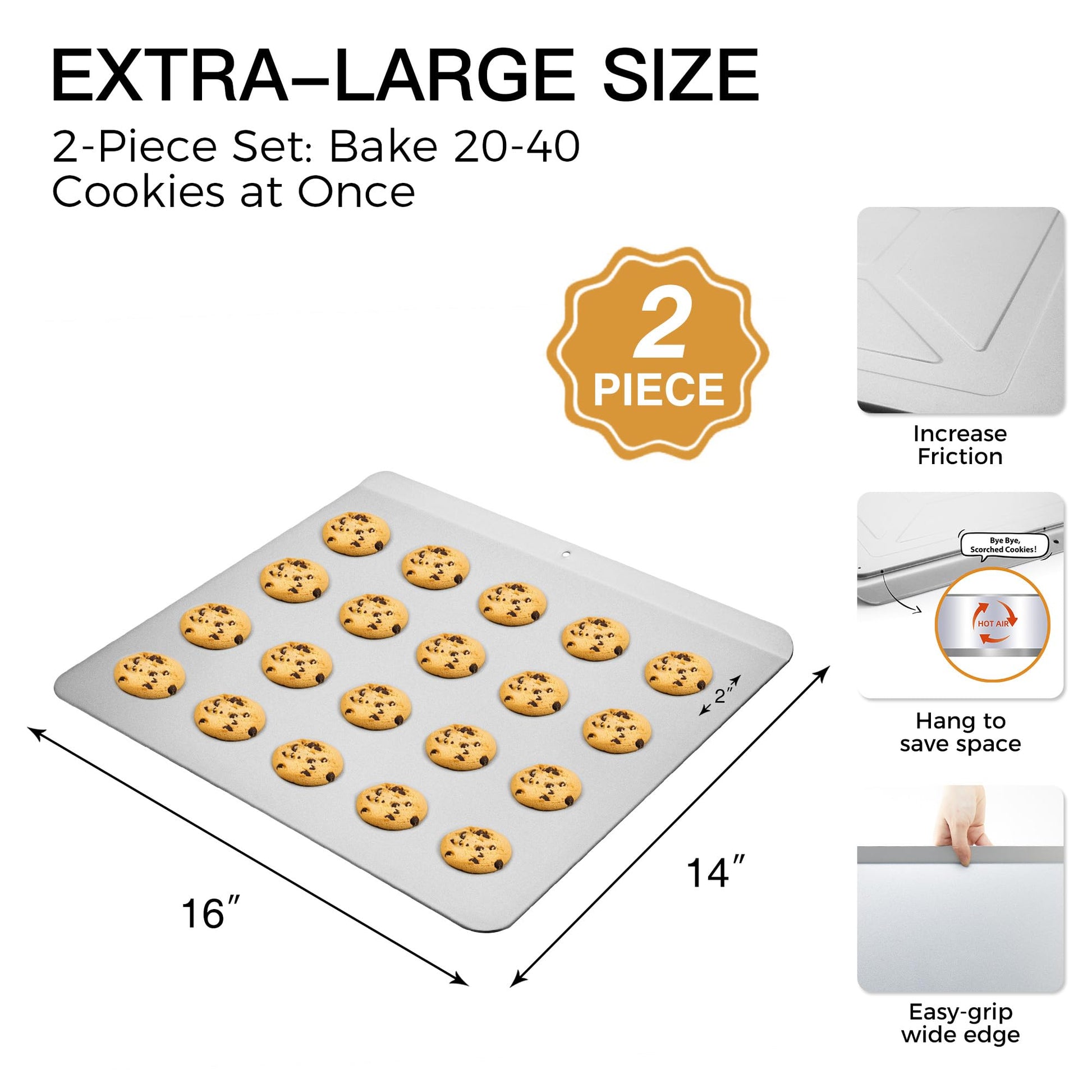 Insulated nonstick cookie sheet set with flat edge design for even baking and commercial oven use