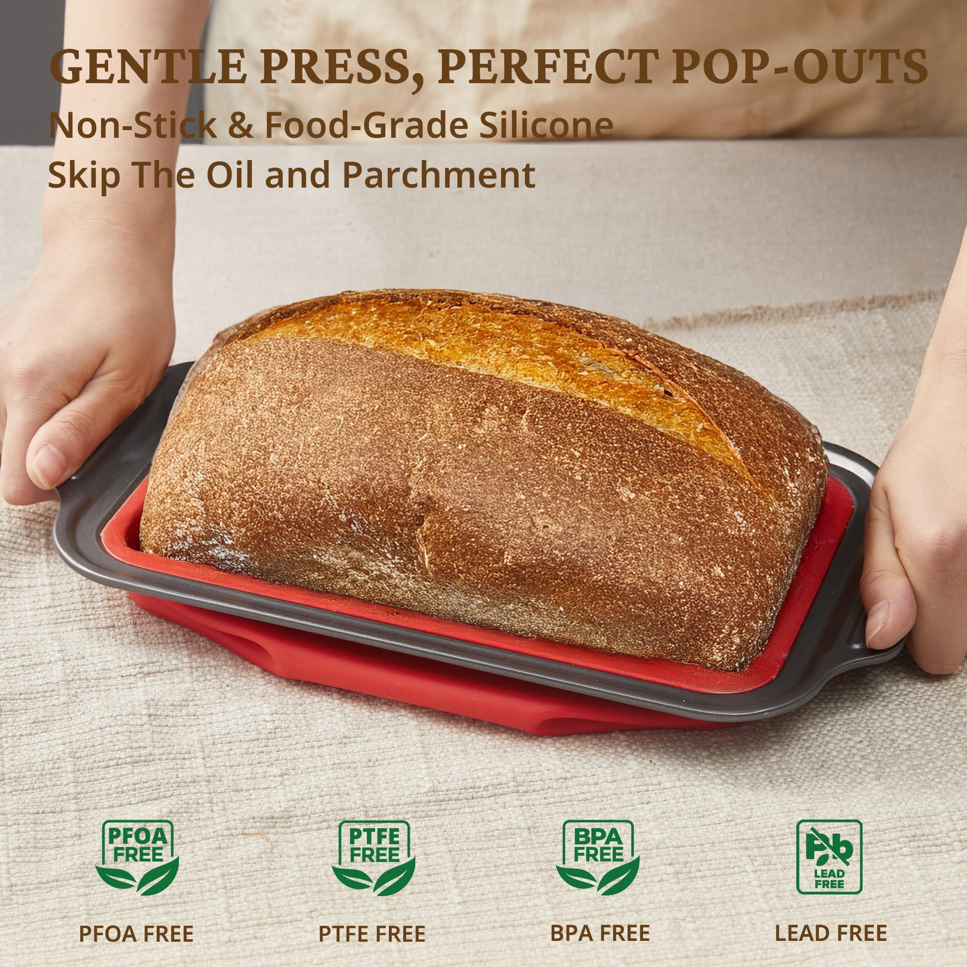 Silicone bread loaf pan with carbon steel frame for 9x5 homemade bread, red