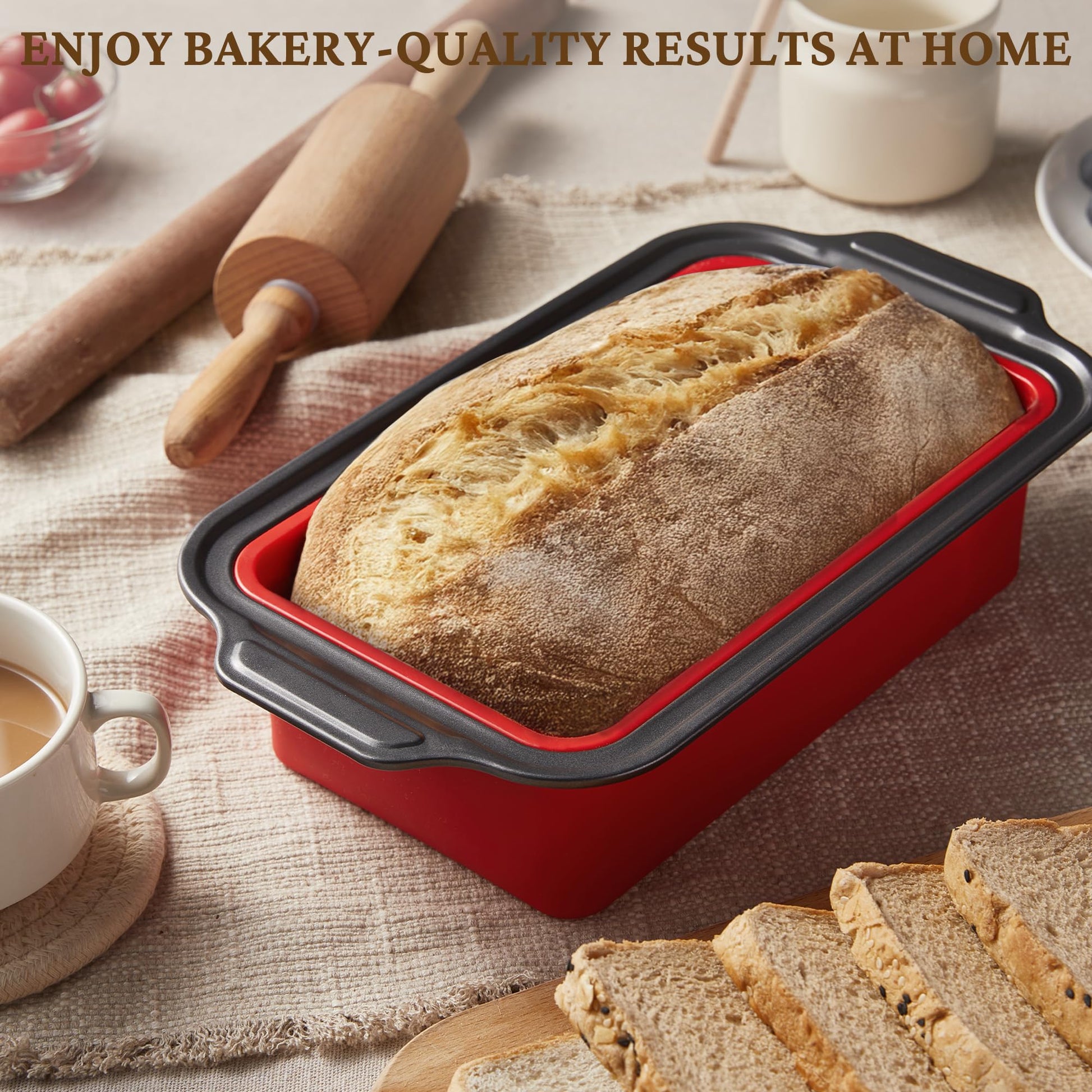 Silicone bread loaf pan with carbon steel frame for 9x5 homemade bread, red