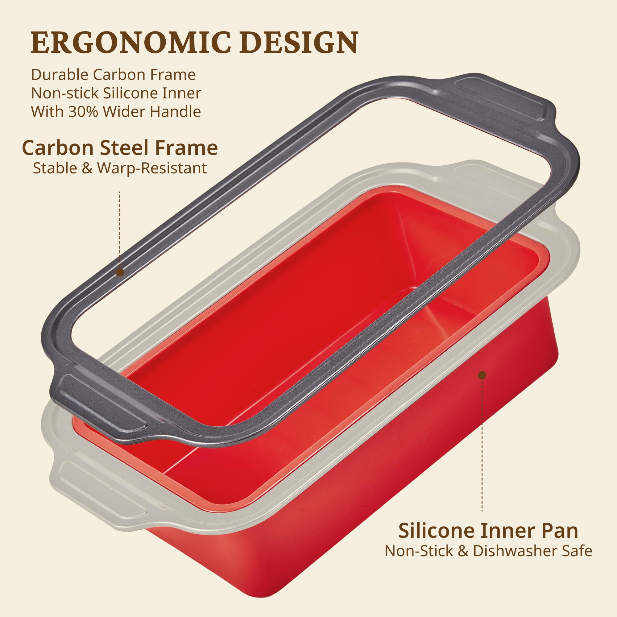 Silicone bread loaf pan with carbon steel frame for 9x5 homemade bread, red