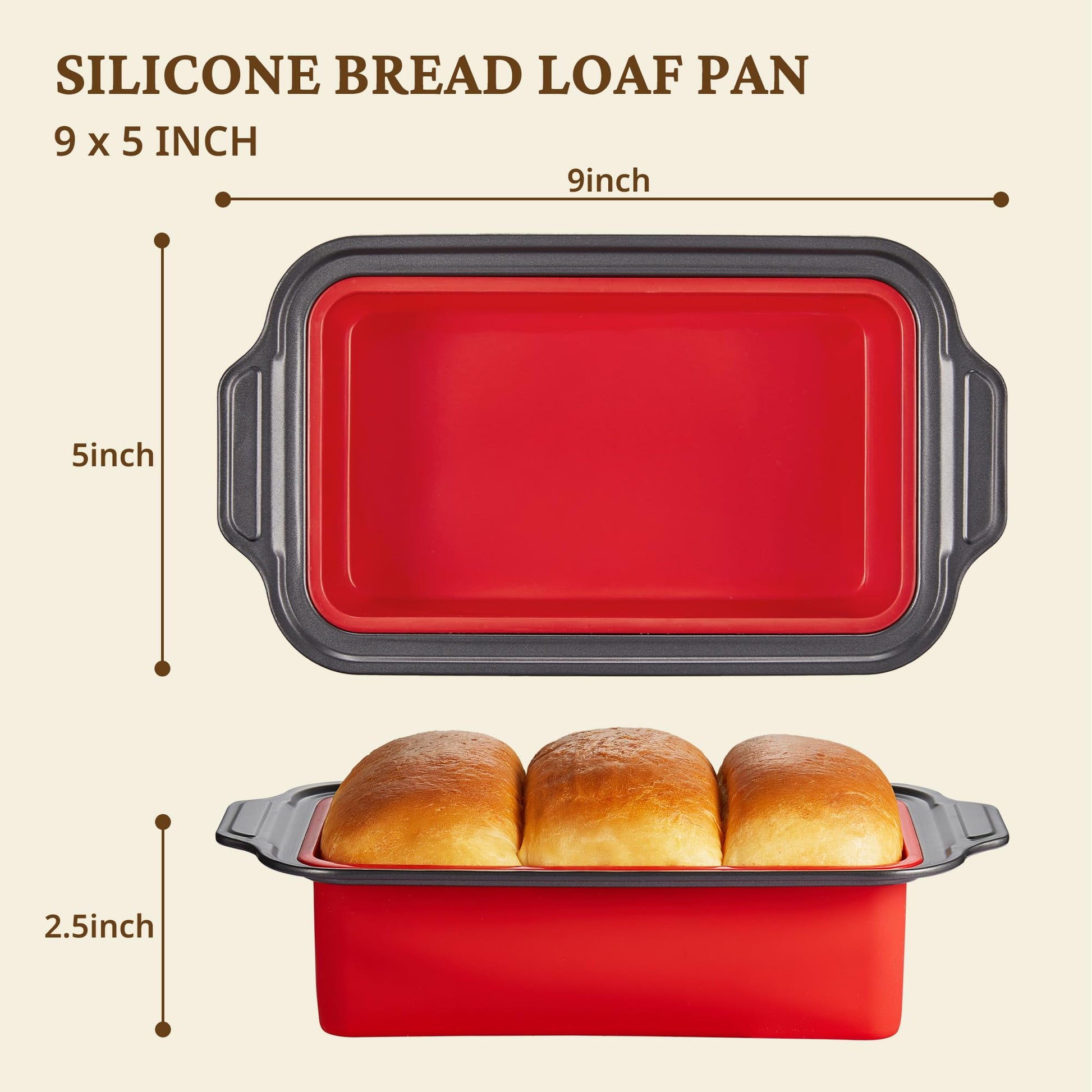 Silicone bread loaf pan with carbon steel frame for 9x5 homemade bread, red