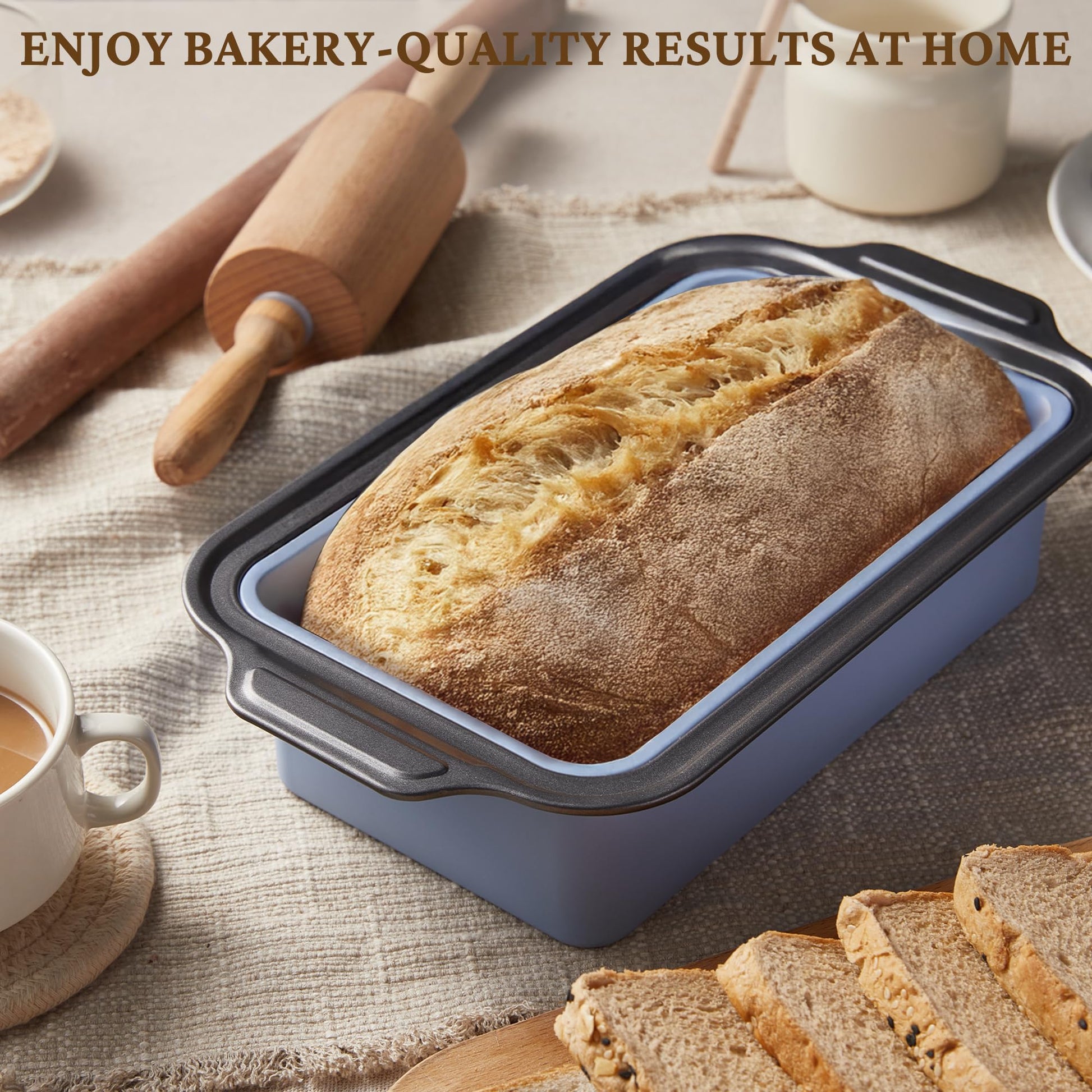 Silicone bread loaf pan with carbon steel frame for 9x5 homemade bread, sky blue