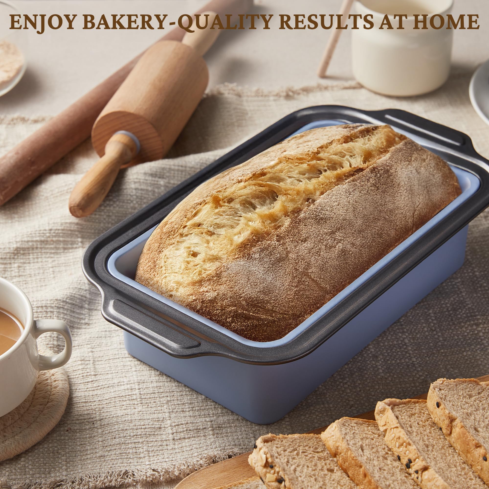 Silicone bread loaf pan with carbon steel frame for 9x5 homemade bread, sky blue