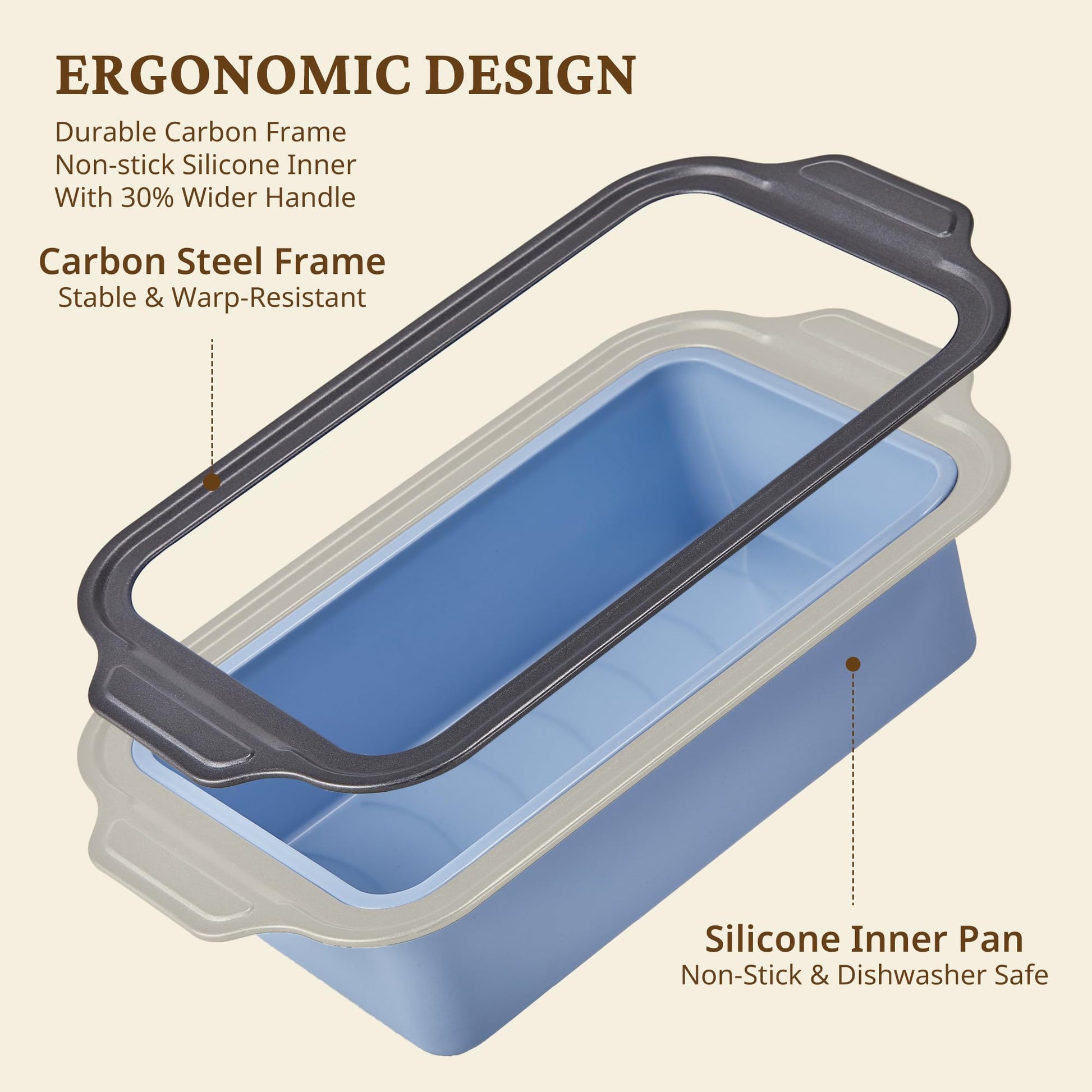 Silicone bread loaf pan with carbon steel frame for 9x5 homemade bread, sky blue