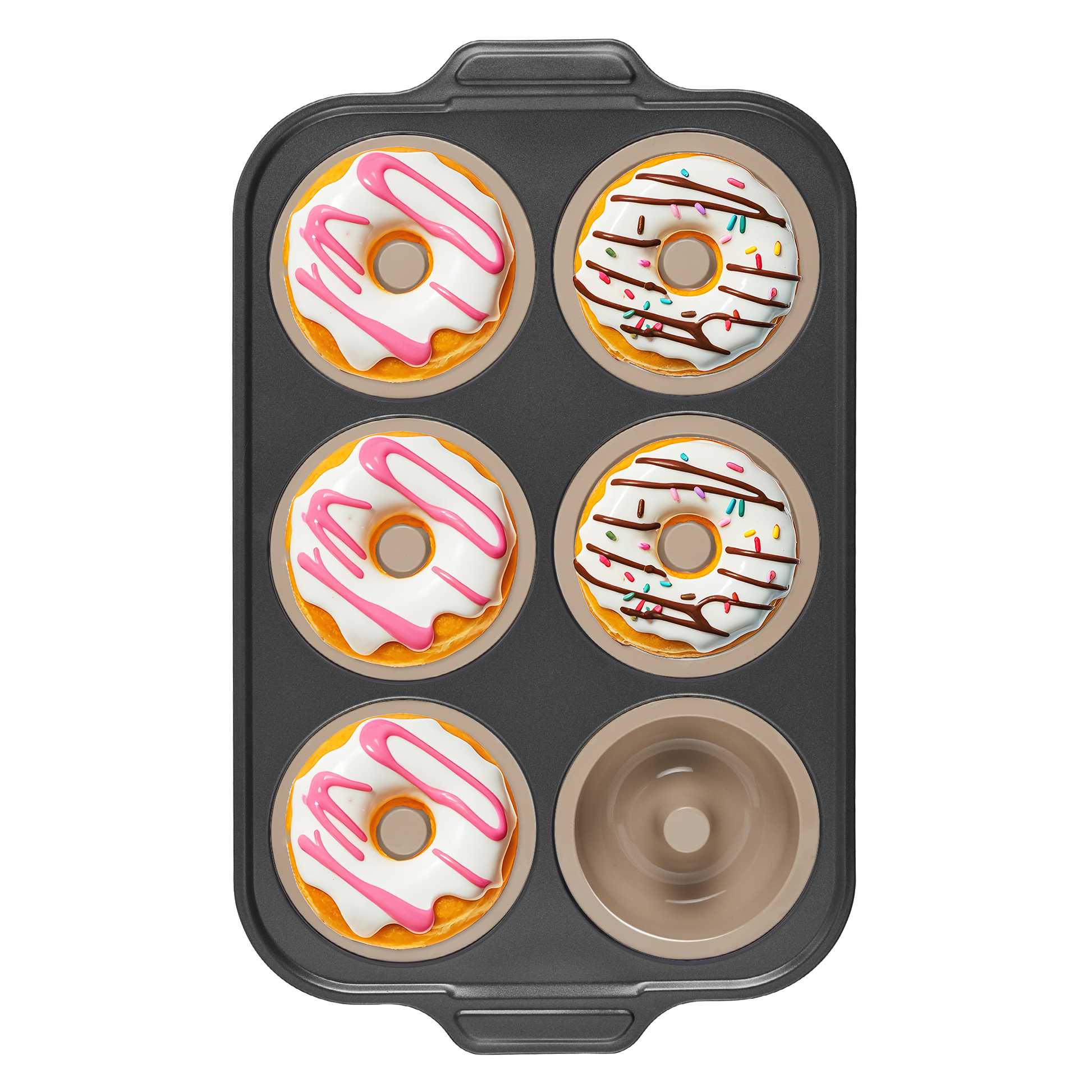 Silicone donut pan with carbon steel frame for baking six donuts, brown