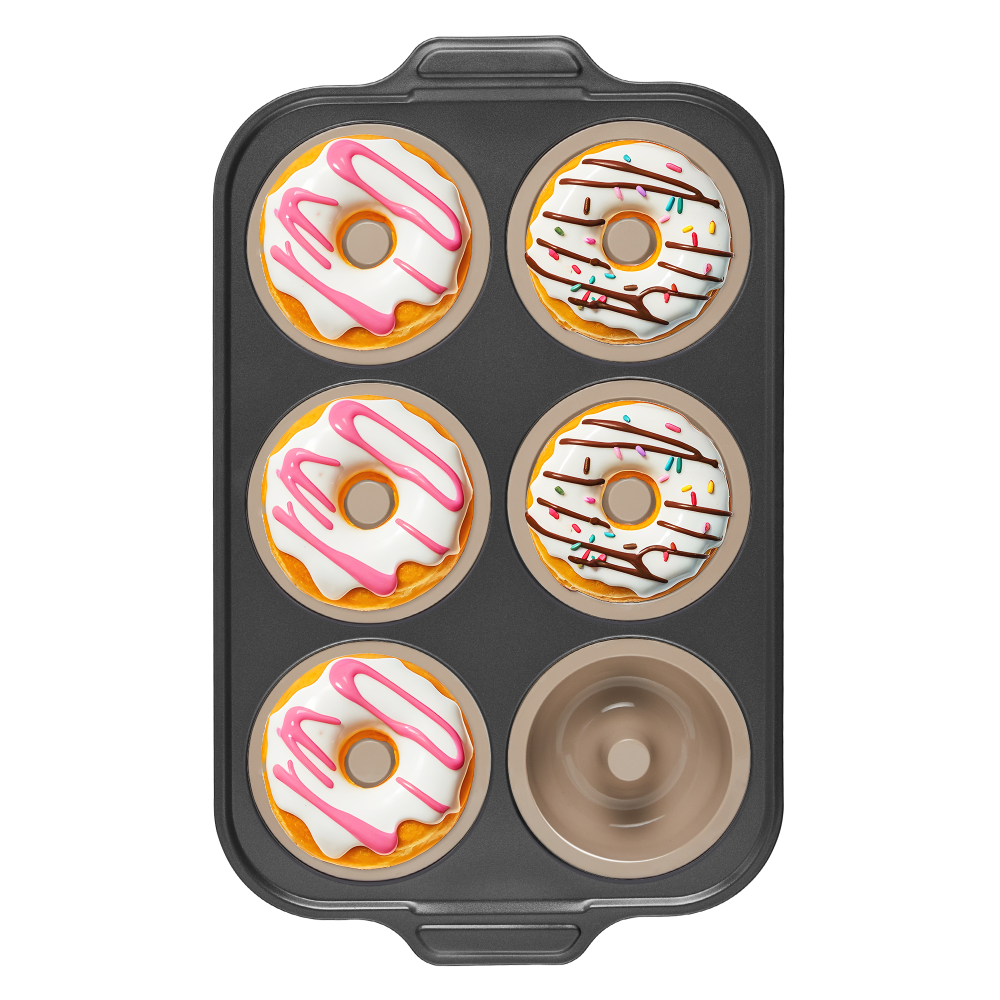Silicone donut pan with carbon steel frame for baking six donuts, brown