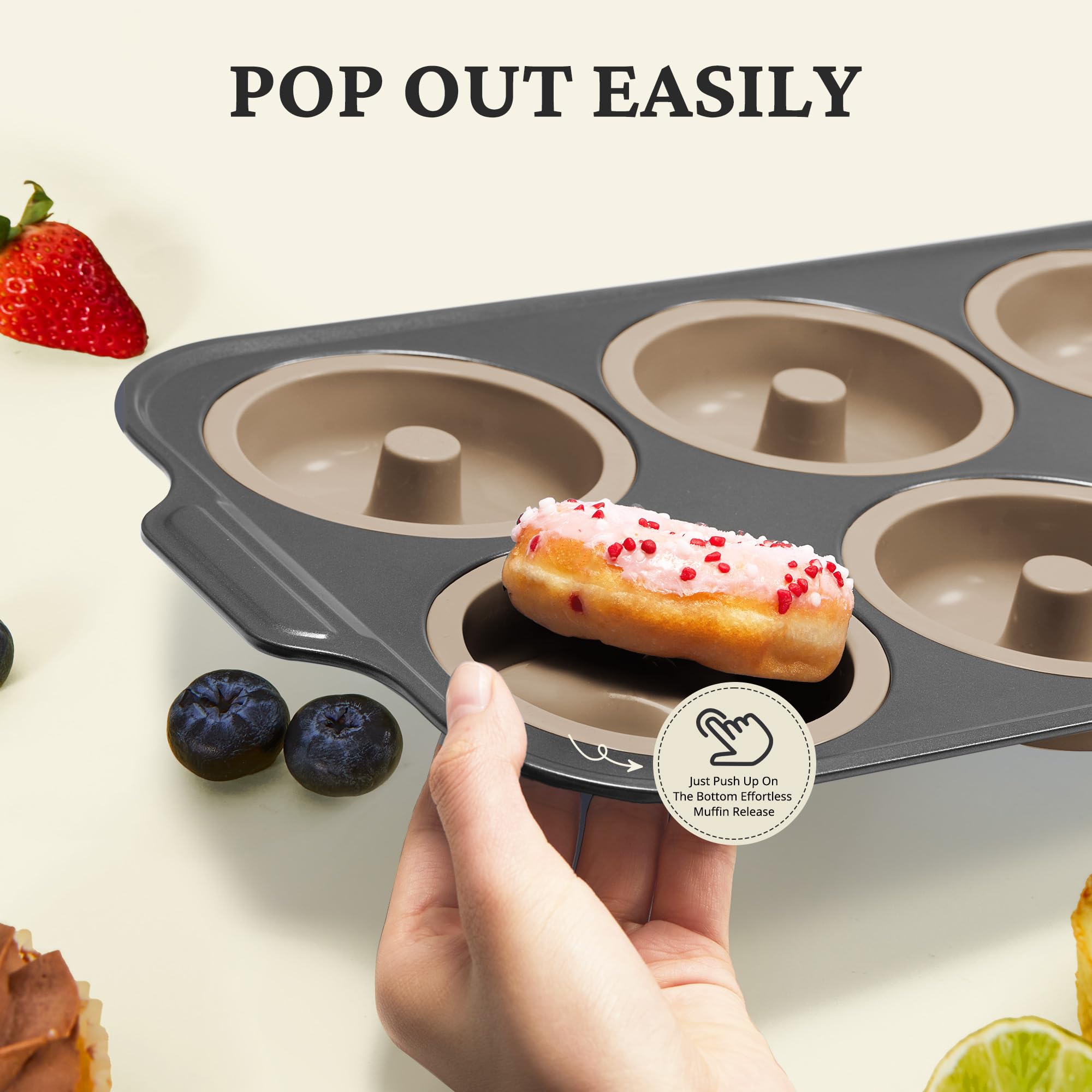 Silicone donut pan with carbon steel frame for baking six donuts, brown