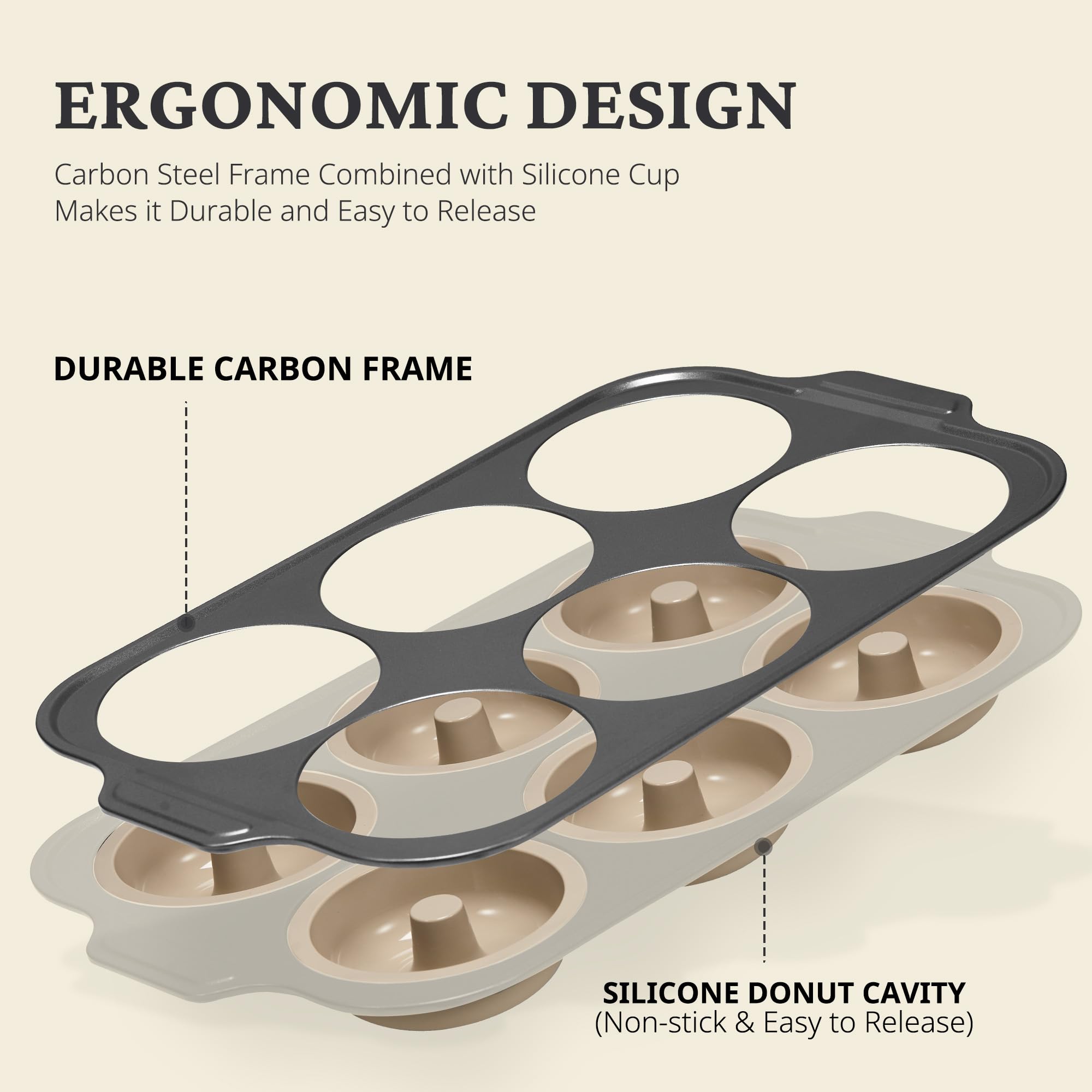 Silicone donut pan with carbon steel frame for baking six donuts, brown