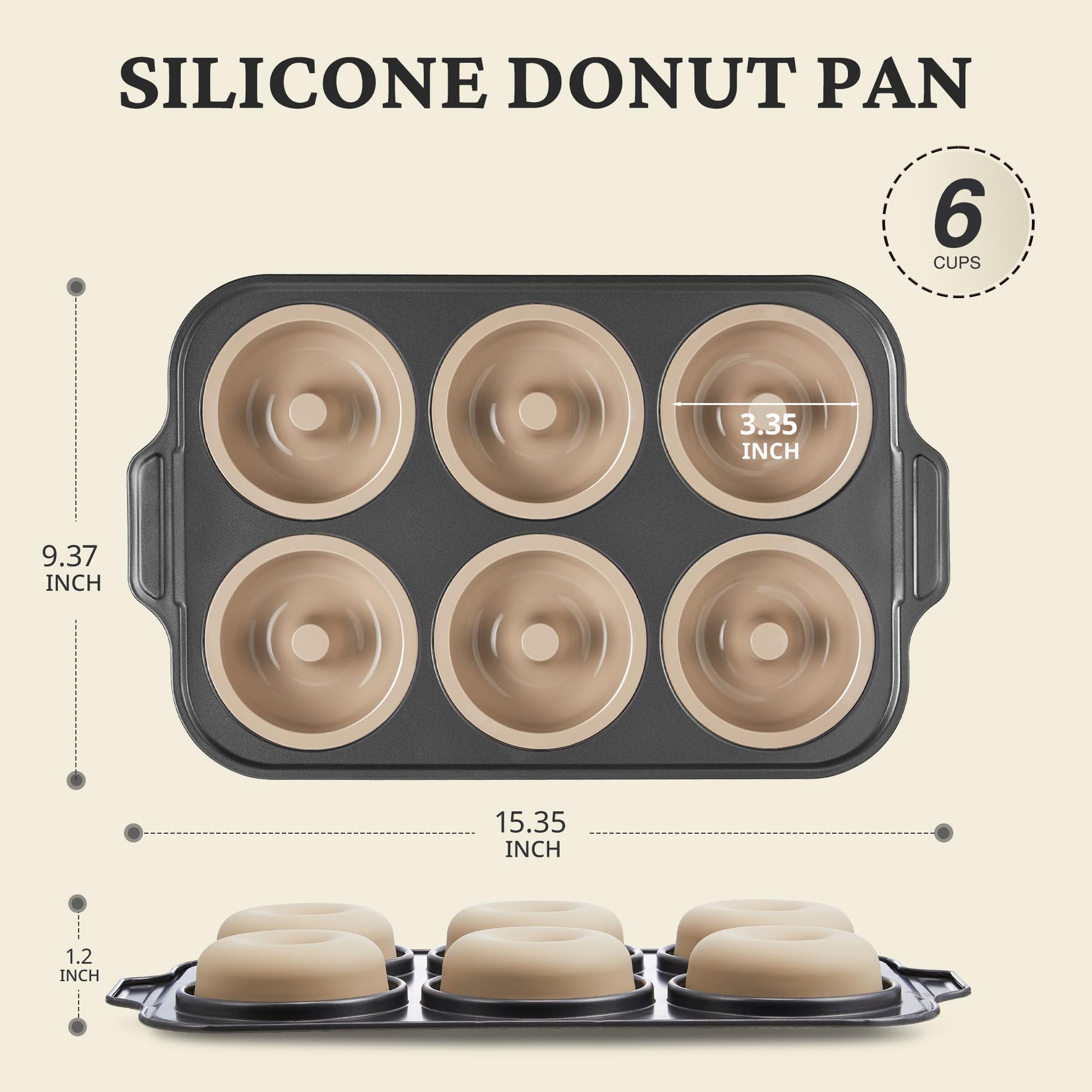 Silicone donut pan with carbon steel frame for baking six donuts, brown