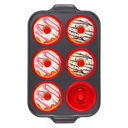 Silicone donut pan with carbon steel frame for baking six donuts, red