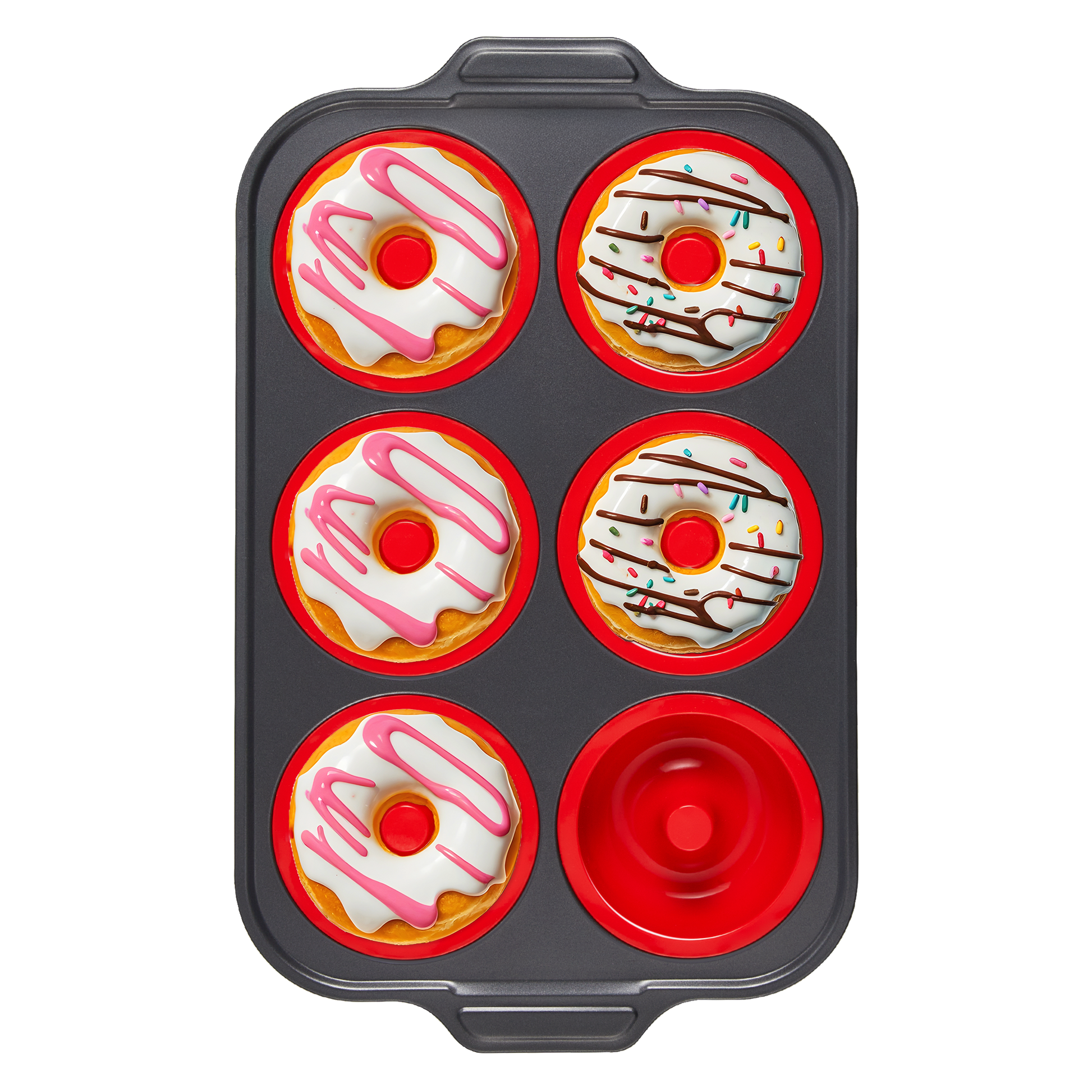Silicone donut pan with carbon steel frame for baking six donuts, red