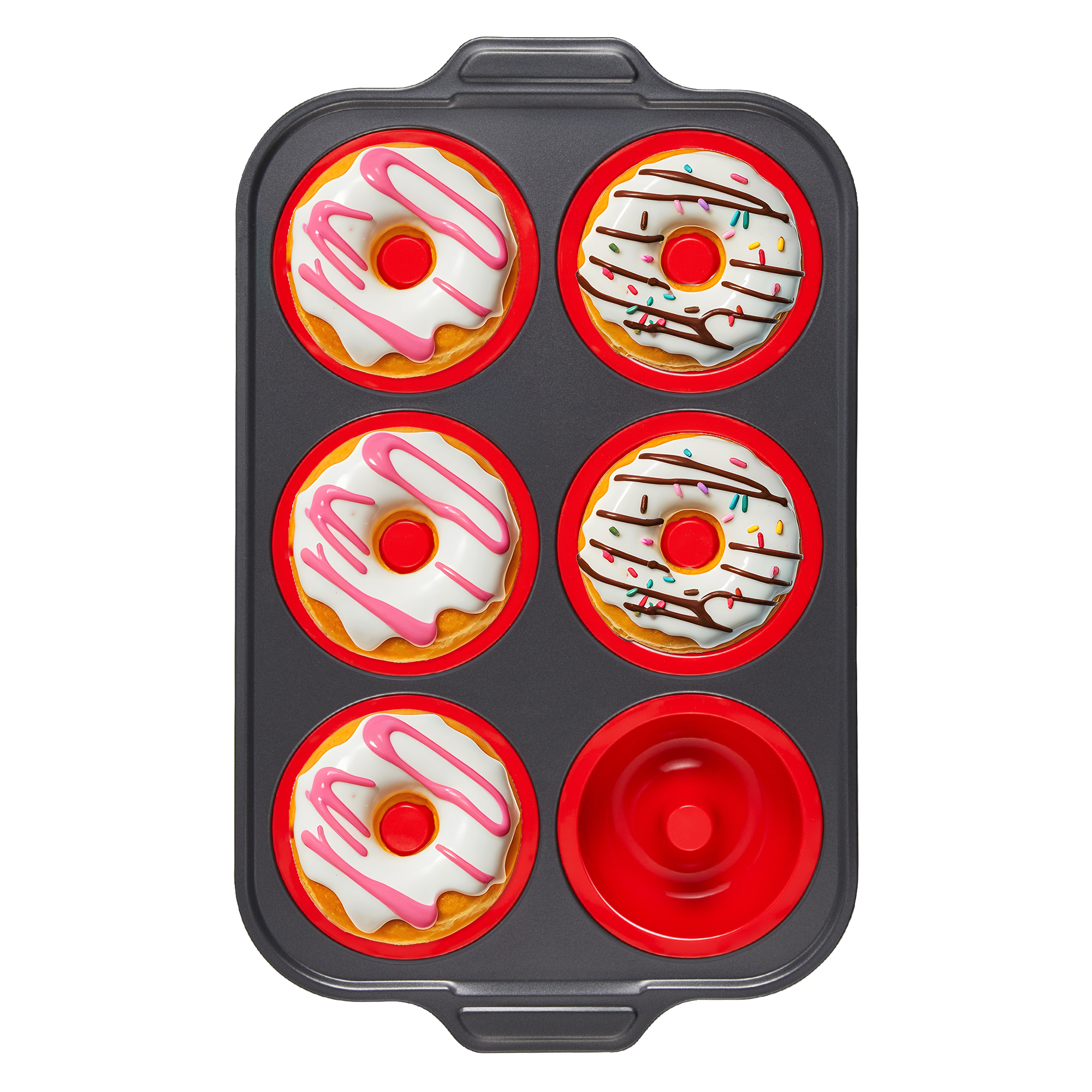 Silicone donut pan with carbon steel frame for baking six donuts, red