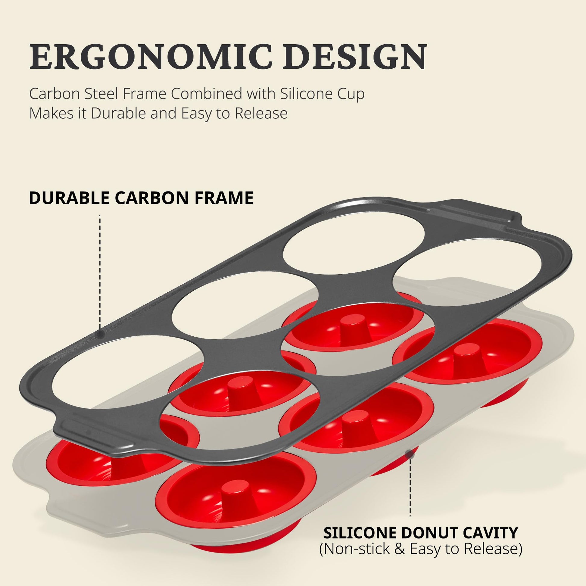 Silicone donut pan with carbon steel frame for baking six donuts, red