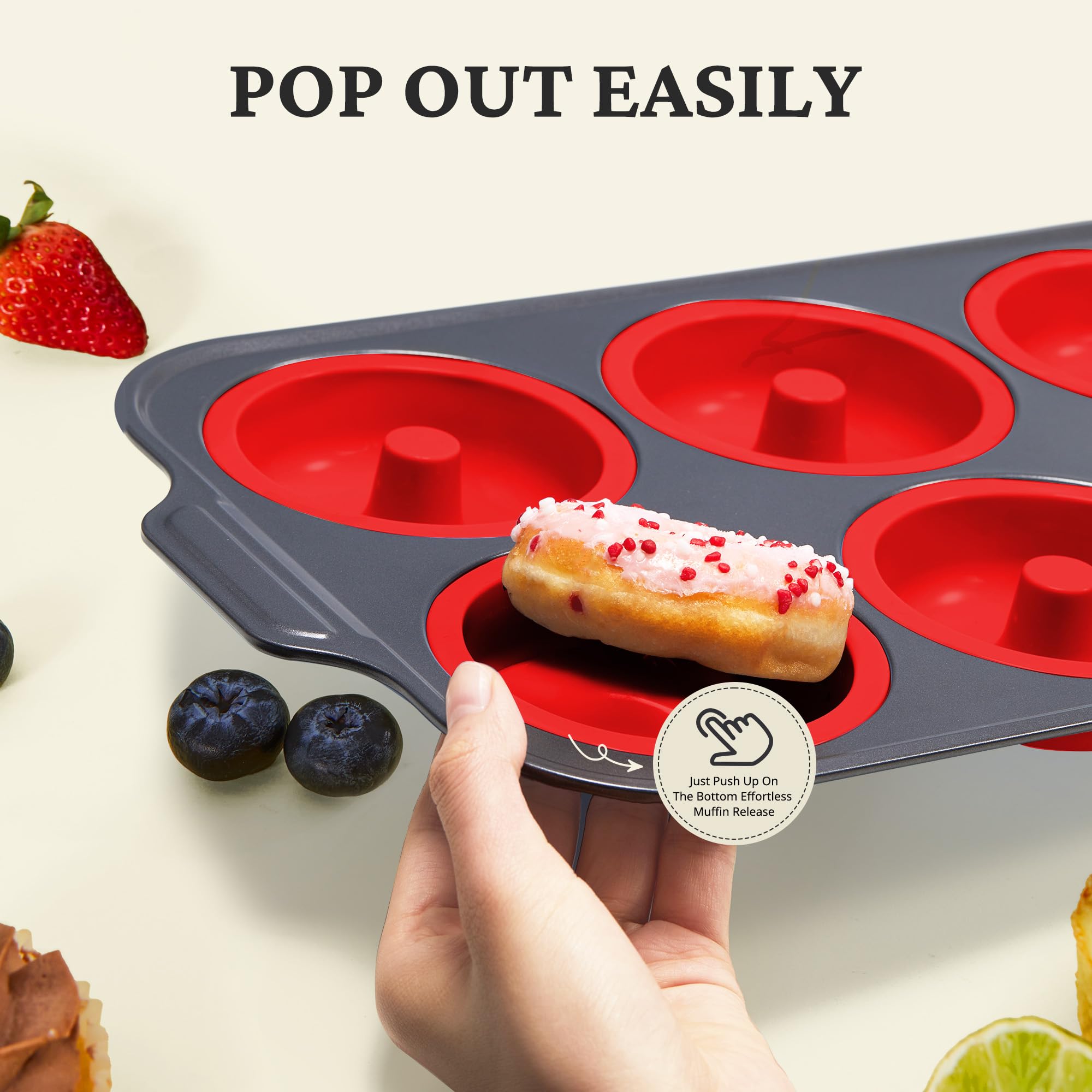 Silicone donut pan with carbon steel frame for baking six donuts, red