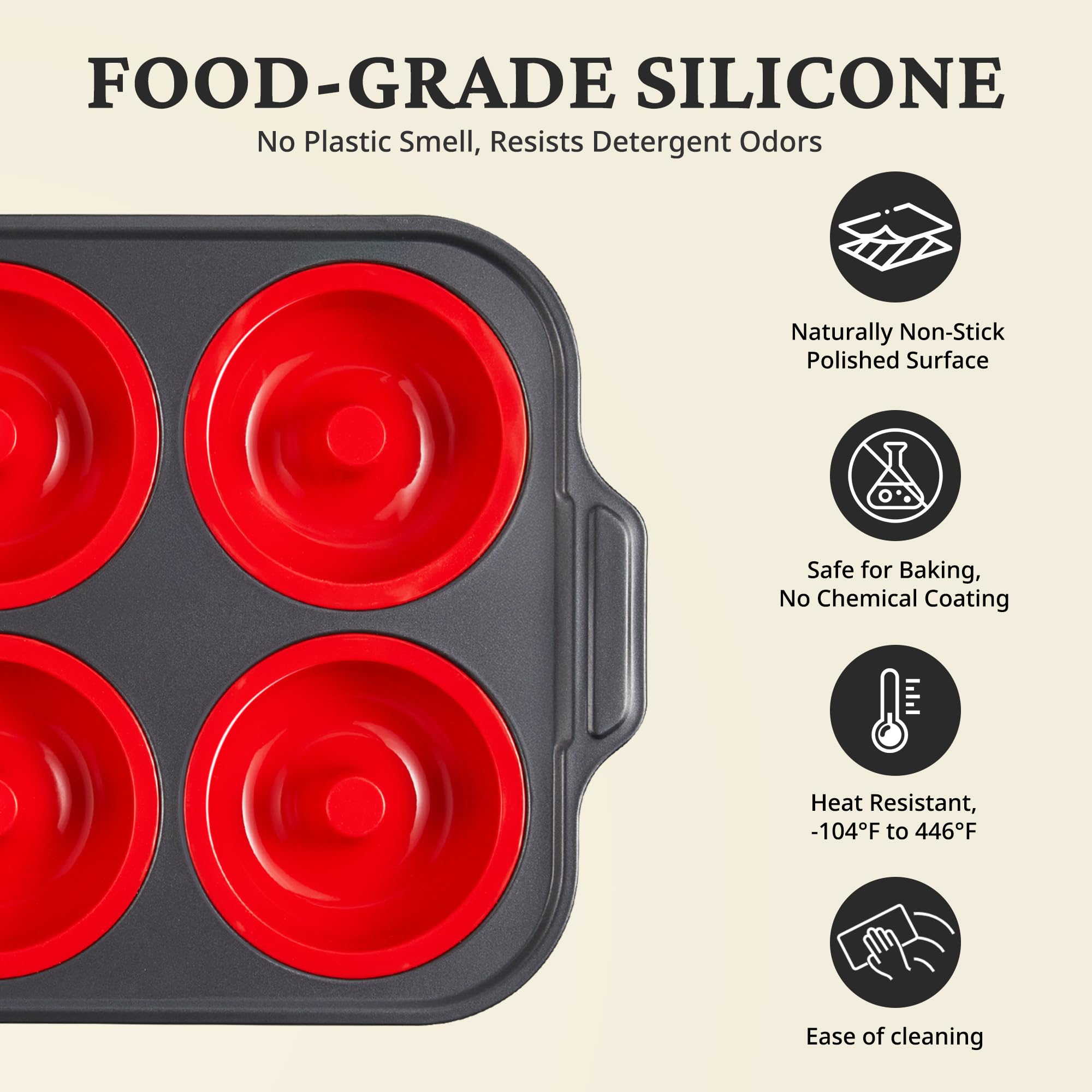 Silicone donut pan with carbon steel frame for baking six donuts, red