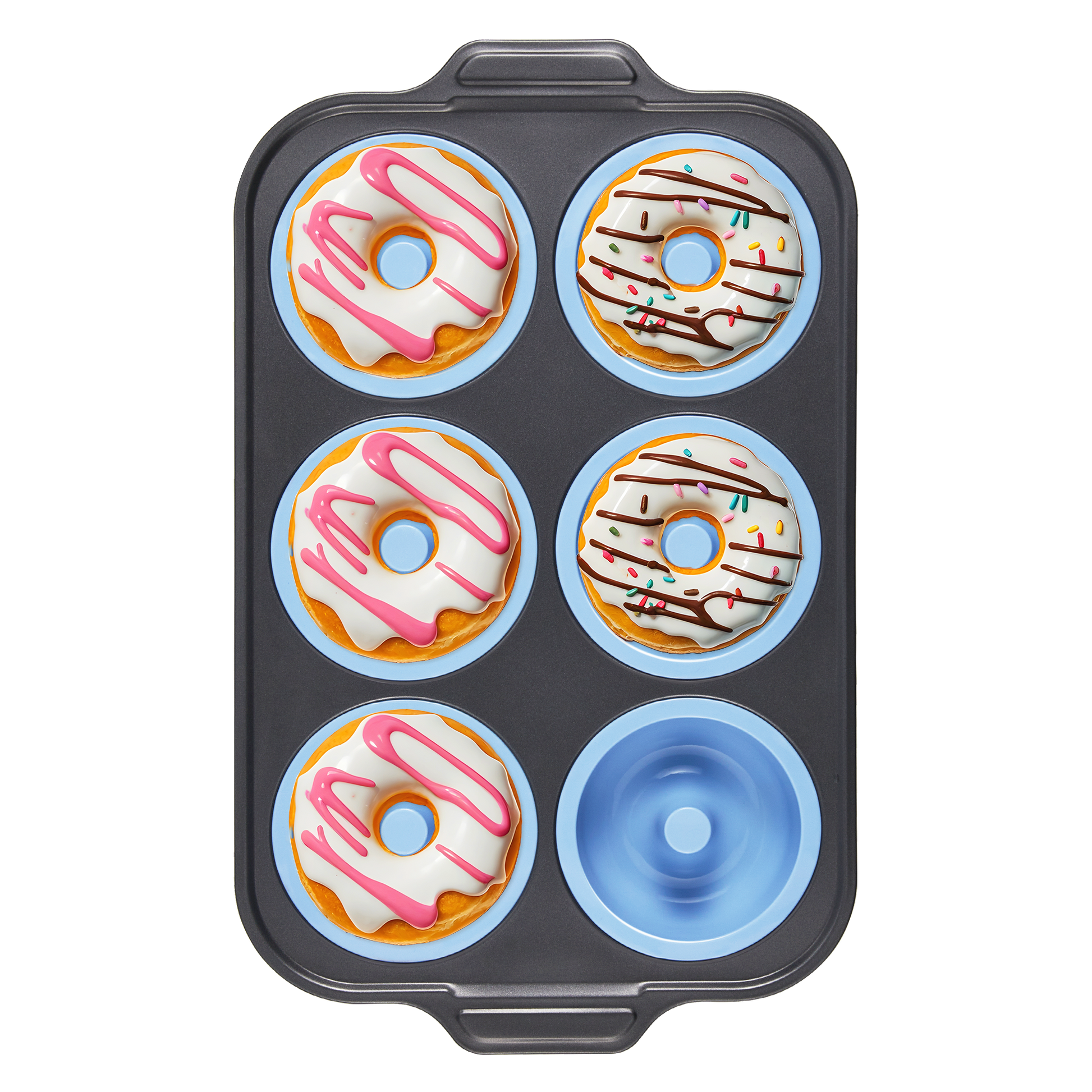 Silicone donut pan with carbon steel frame for baking six donuts, sky blue