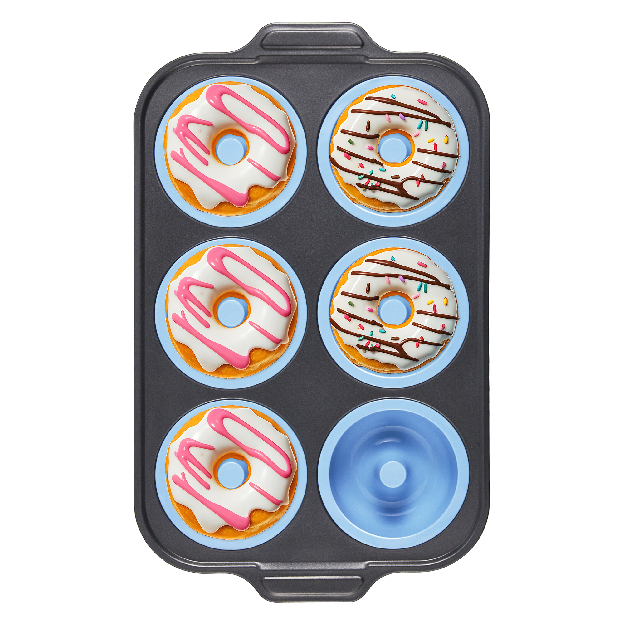 Silicone donut pan with carbon steel frame for baking six donuts, sky blue