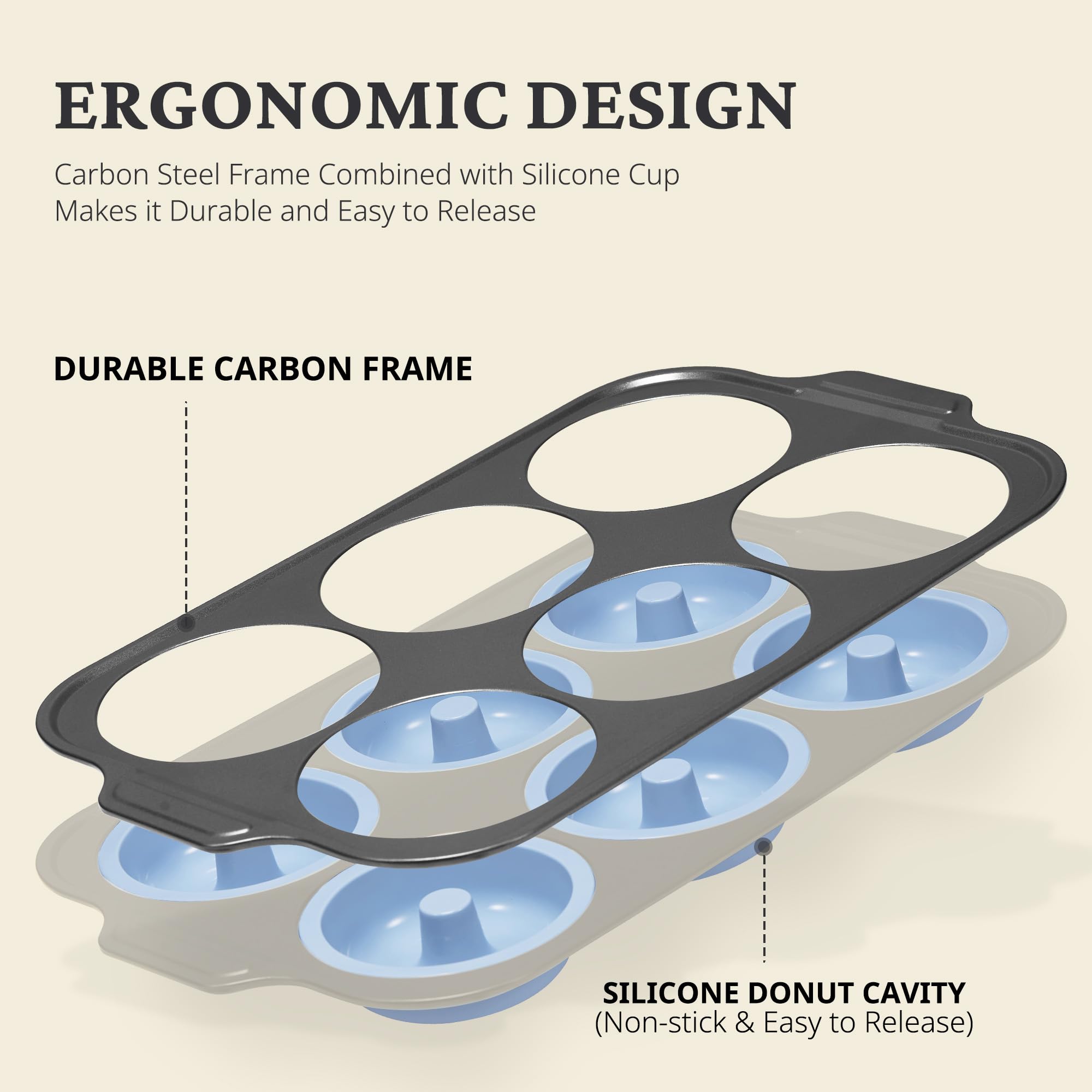 Silicone donut pan with carbon steel frame for baking six donuts, sky blue